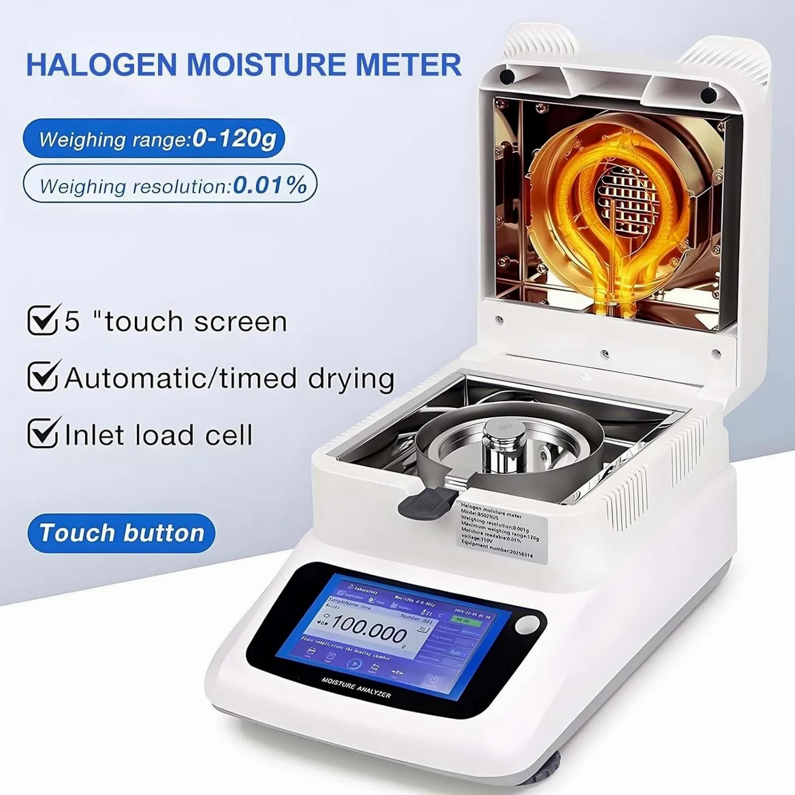 Humidimètre halogène portable, analyseur d'humidité alimentaire de laboratoire avec lisibilité de 0,01 %, 3 modes de séchage, réglable de 40 à 230 °C, pour nourriture, plantes