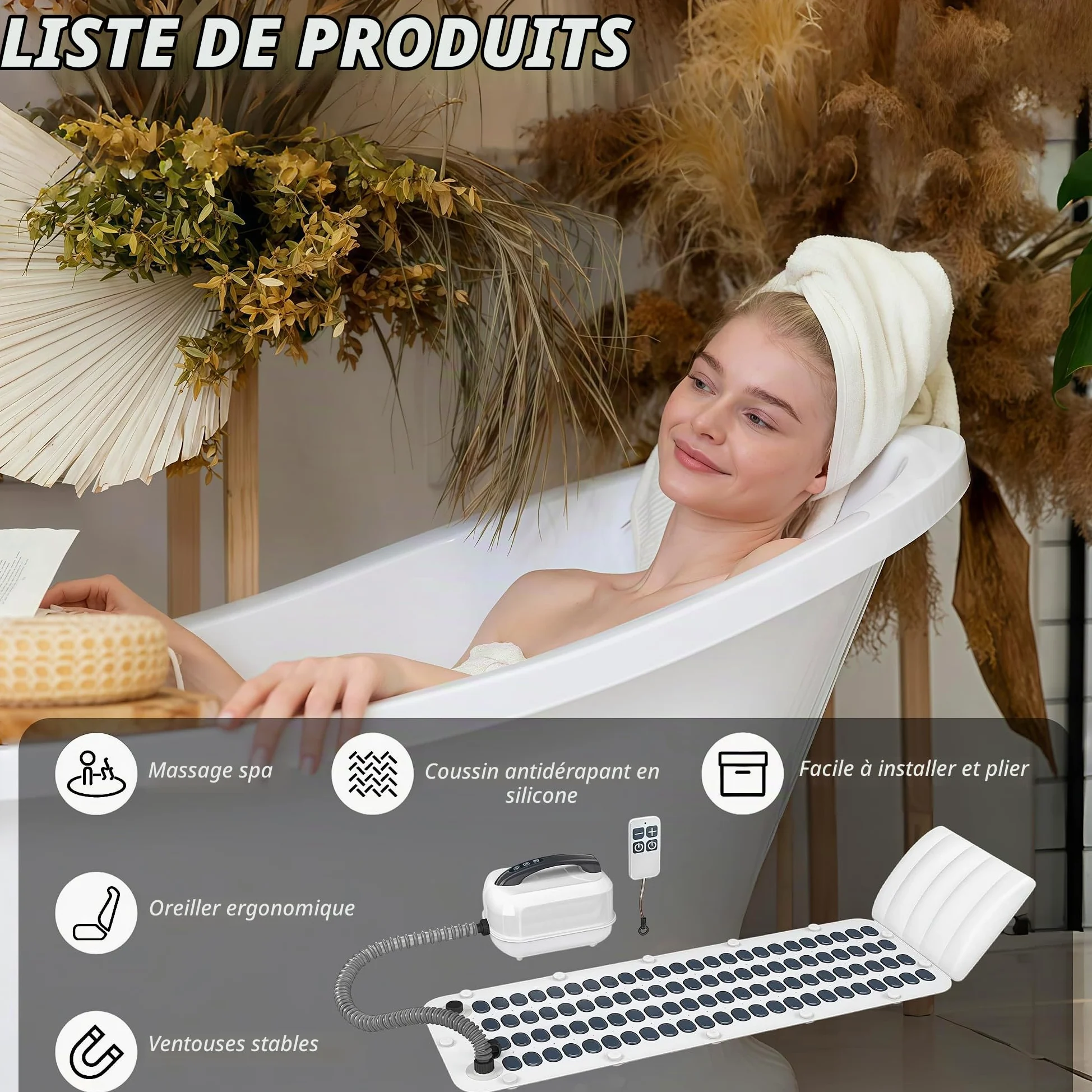 Tapis de Bain moussant avec Coussin | tapis de spa avec ventouses antidérapantes, avec 6 vitesses de bulles