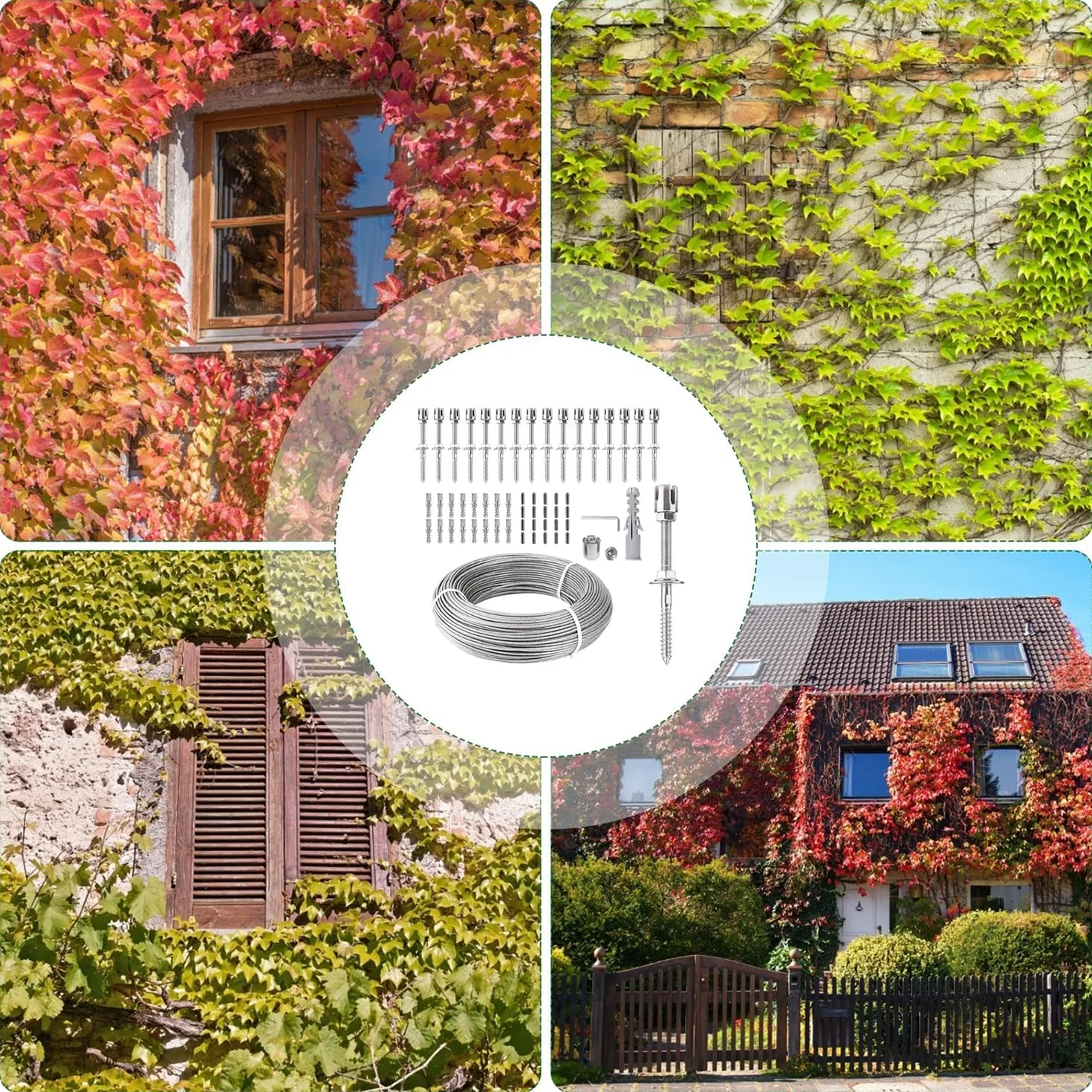 Support pour Plantes Grimpantes,Kit Palissage Plantes Grimpantes,12m,Système Professionnel Complet,Comprend Les Supports Muraux Et Le Câble en Acier De 3 mm (8 Supports,12 Mètres De Câble)