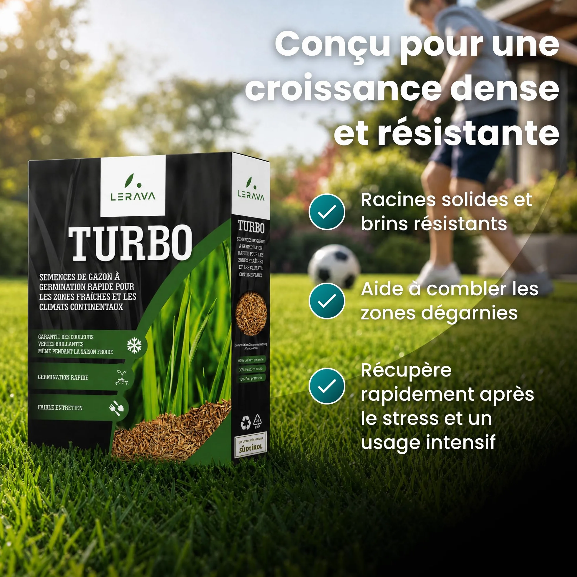LERAVA Turbo gazon à semer pousse rapide 10m² pelouse ombre zones fraîches 98% pureté rustique vert vif semence résistante