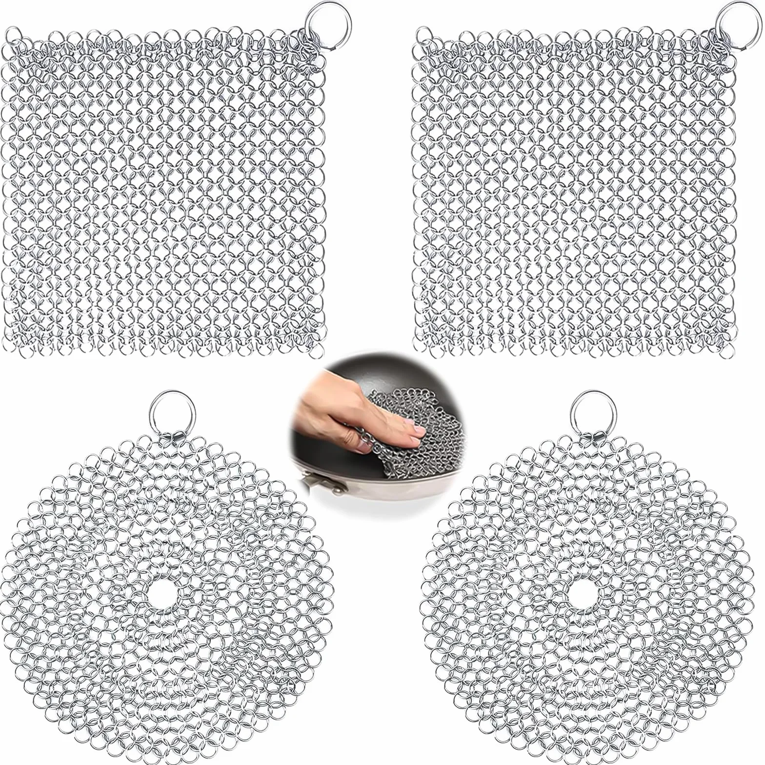 YOUNGSAY 4 Pcs Nettoyant en Fonte en Acier Inoxydable 10x10cm pour Wok et Four