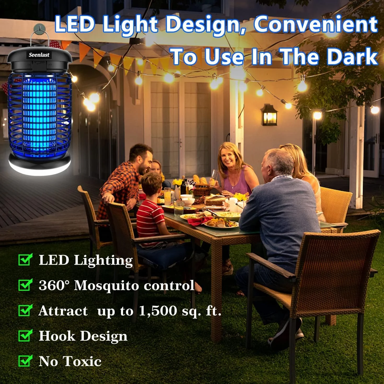 seenlast Lampe Anti Moustique 15W 4200V UV Tueur d'Insectes Électrique Étanche 140m² Intérieur Extérieur