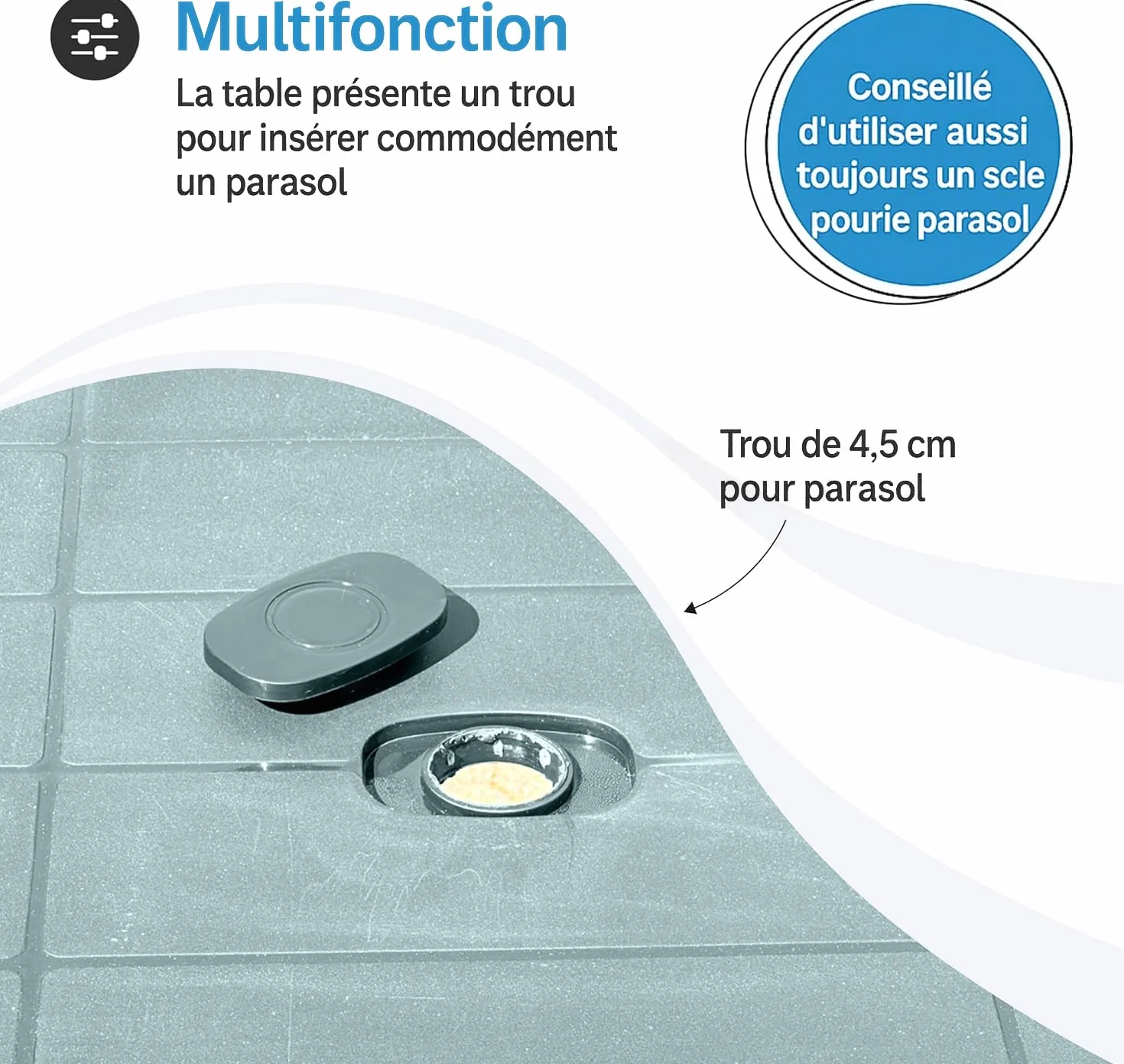 Tomaino Table de jardin carrée en plastique pour 6 places avec trou pour parasol