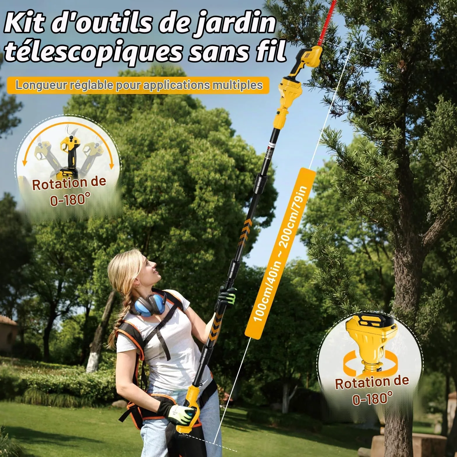 Mini Tronconneuse avec Perche 8 Pouces & Secateur Electrique Telescopique 28 mm & Taille-haie 310mm pour Dewalt 18 V, 20 V batterie, 6 en 1 Élagueuse sur Perche, Portée Maximale 4,5 m 130 220 Com