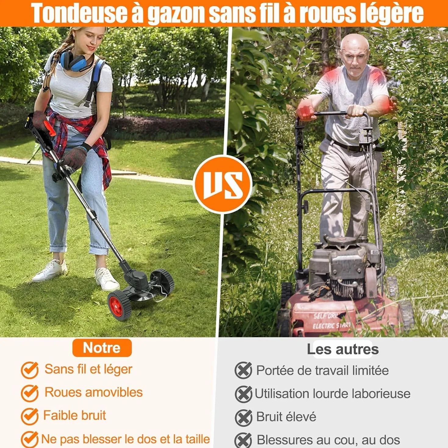 Débroussailleuse Electrique sans Fil,Coupe Bordure 2 Batteries 21v et Chargeur Taille Manche télescopique, Roues Amovibles réglables,Légère à Faible Bruit pour La Coupe De Jardin,Pelouses Arbustes