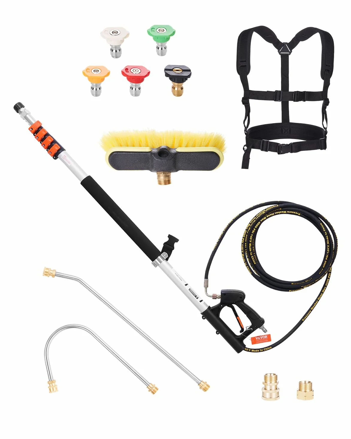VEVOR Lance Télescopique pour Nettoyeur Haute Pression 5437 mm, Baguette Pulvérisation Télescopique 4000 psi avec Rallonges, Tête de Brosse, 5 Buses, Adaptateur, Ceinture de Support, pour Gouttière