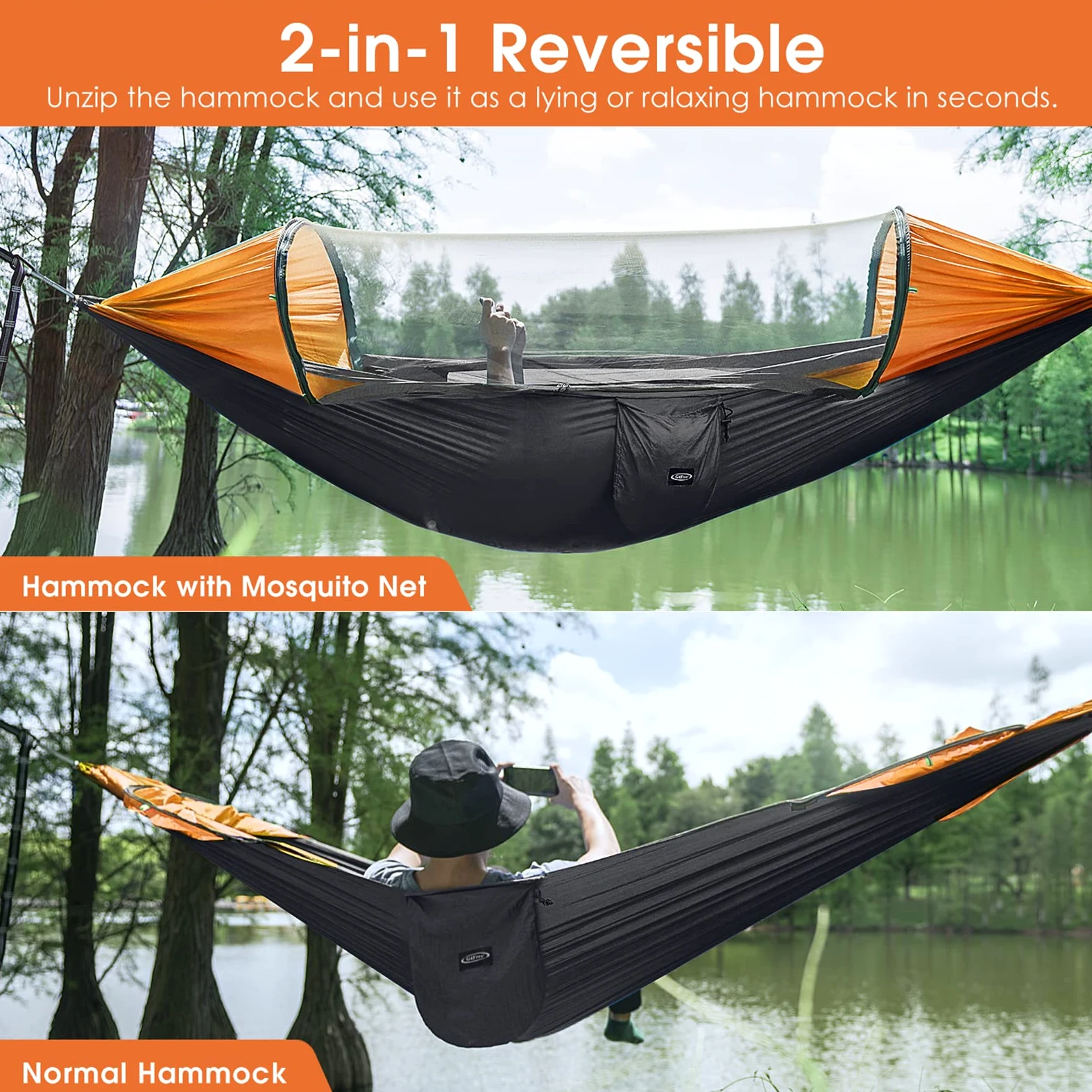 G4Free Grand hamac de camping avec moustiquaire pour 2 personnes, parachute escamotable, léger à suspendre, sangles d'arbre, lit balançoire pour extérieur, randonnée, randonnée (noir/orange)