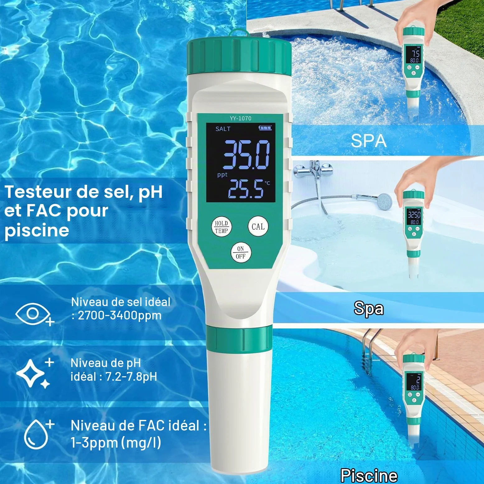 FAC ORP Appareil de mesure numérique du chlore et du pH de piscine 7 en 1 pour aquariums hydroponiques