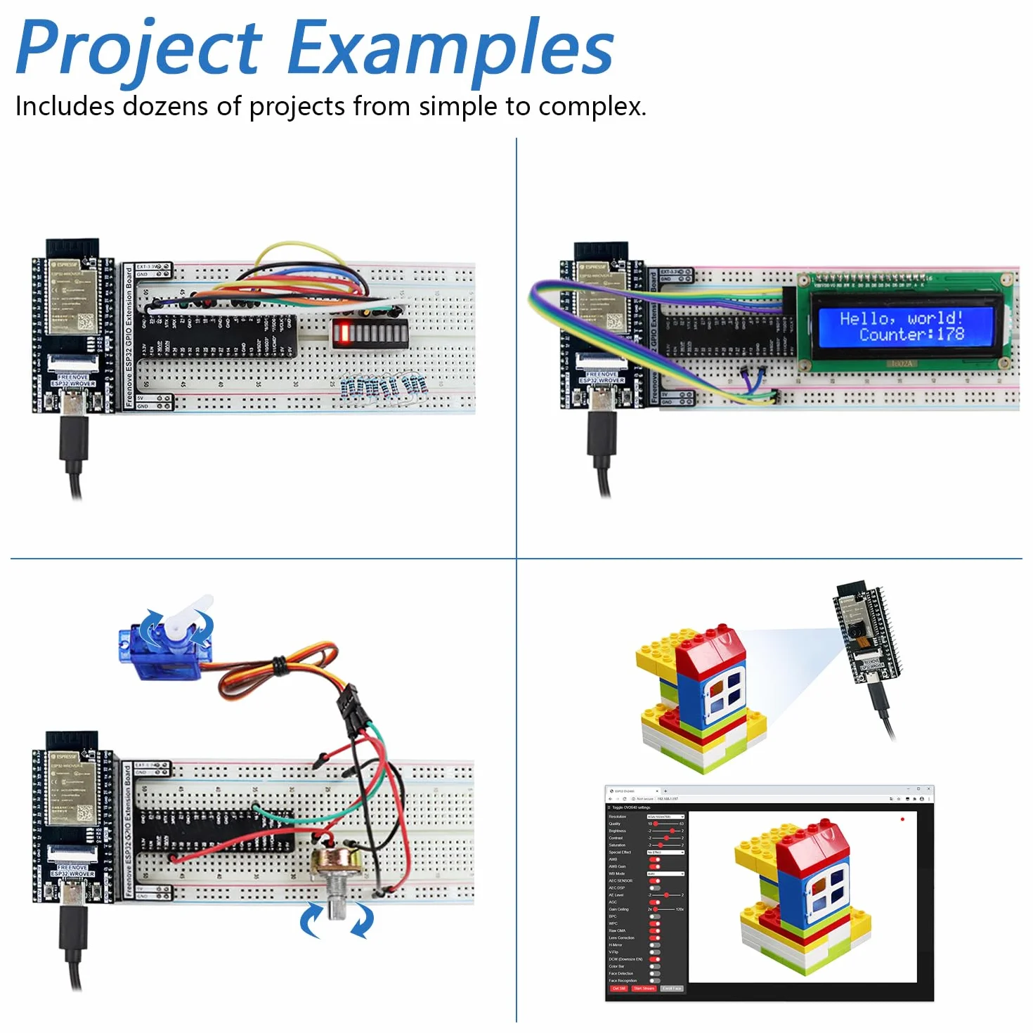 Freenove ESP32 Kit Dev CAM Board Super Starter Kit, Microcontrôleur Double Noyau 32 Bits 240 MHz, Caméra WiFi BT, Tutorial 522 Pages, Python C, 78 Projets