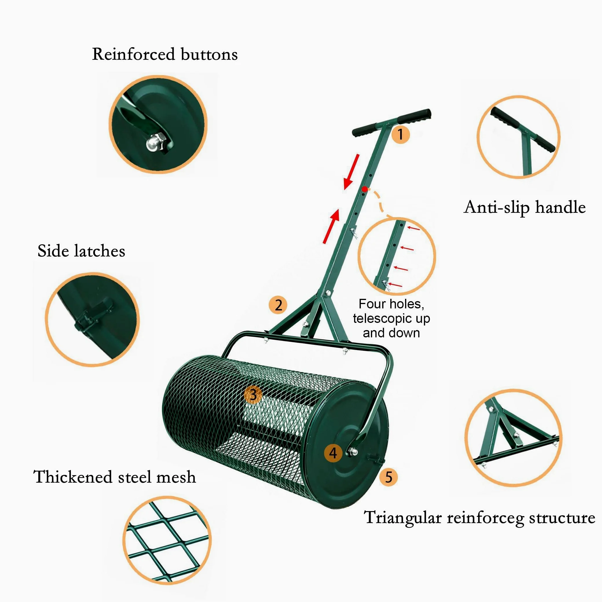Épandeur de compost, rouleau de mousse de tourbe durable de 61 cm, rouleau d'épandage de fumier léger avec poignée en forme de T, épandeur de terre supérieur pour pelouse et jardin, marche et panier à