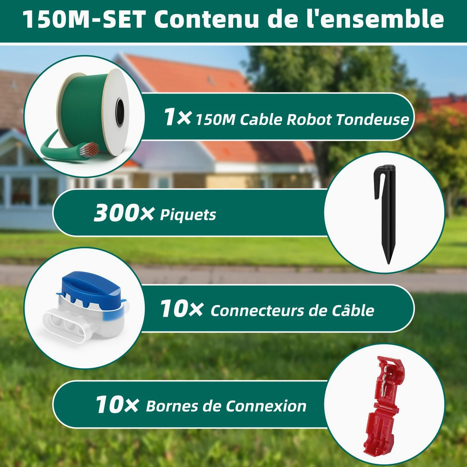 HAUSPROFI Cable Robot Tondeuse 150M + 300 Piquets + 10 Connecteurs de Câble + 10 Bornes de Connexion, Fil robot tondeuse, Câble pour robots tondeuses de Worx,Gardena,Bosch,Yard Force etc