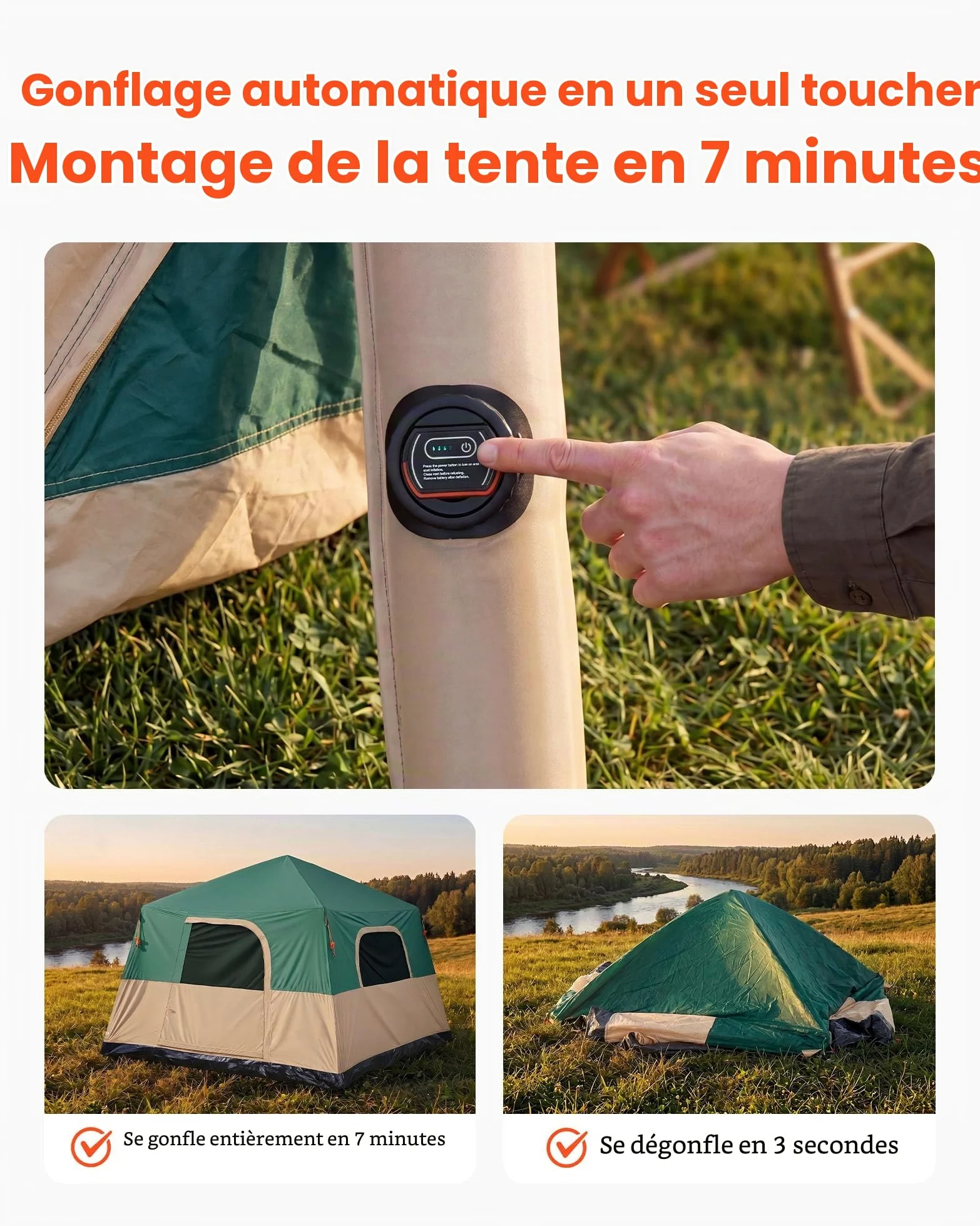 VEVOR Tente Gonflable 6 Personnes Pompe Rechargeable Tente de Camping Vert, pour Randonnée et Pique-niques en Famille, avec Tubes d'air en TPU, 4 Grandes Fenêtres en Maille, Sac de Transport Portable