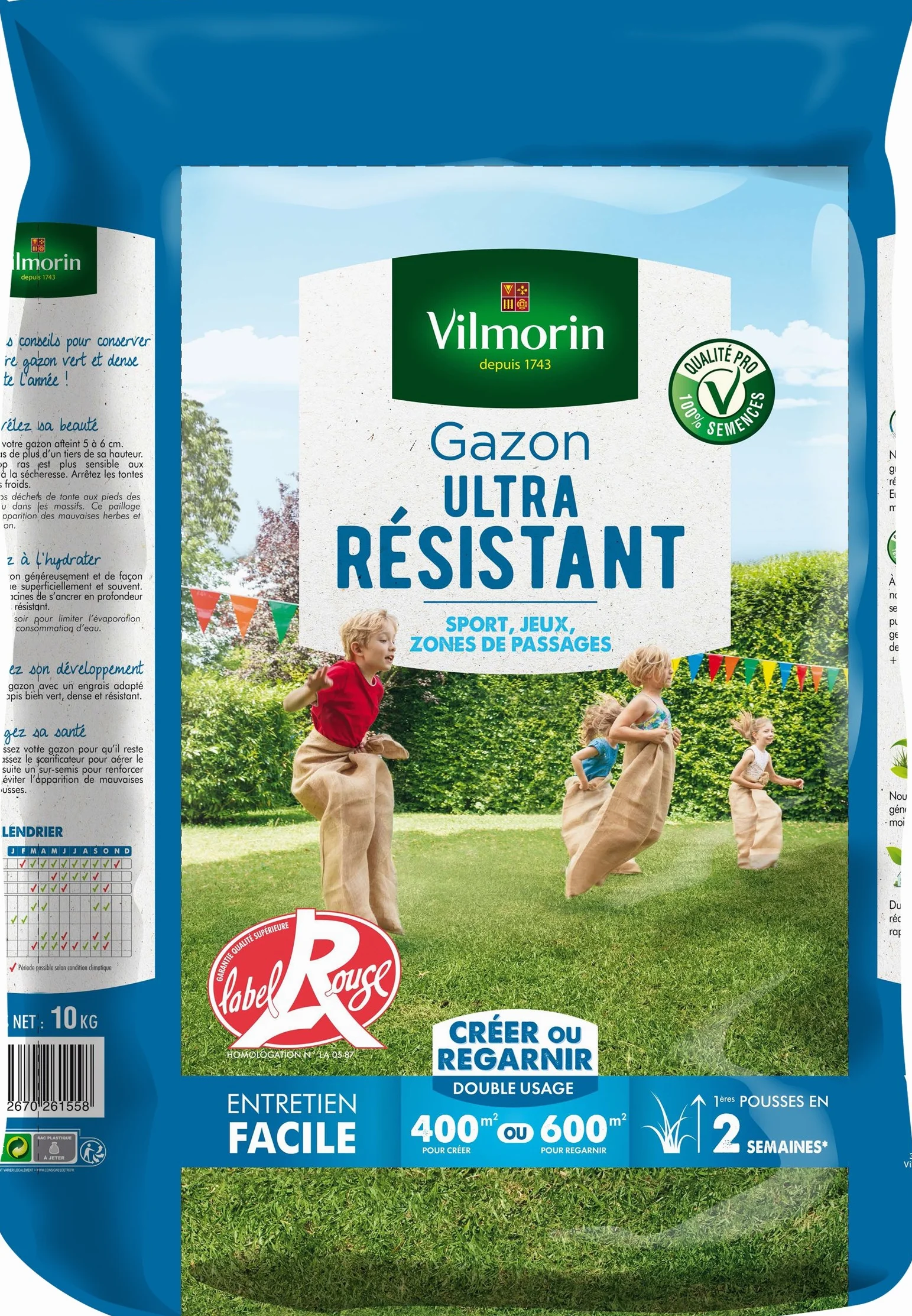 VILMORIN Gazon Ultra-Résistant 10 kg Premieres pousses 2 semaines Terrains sport jeux passage