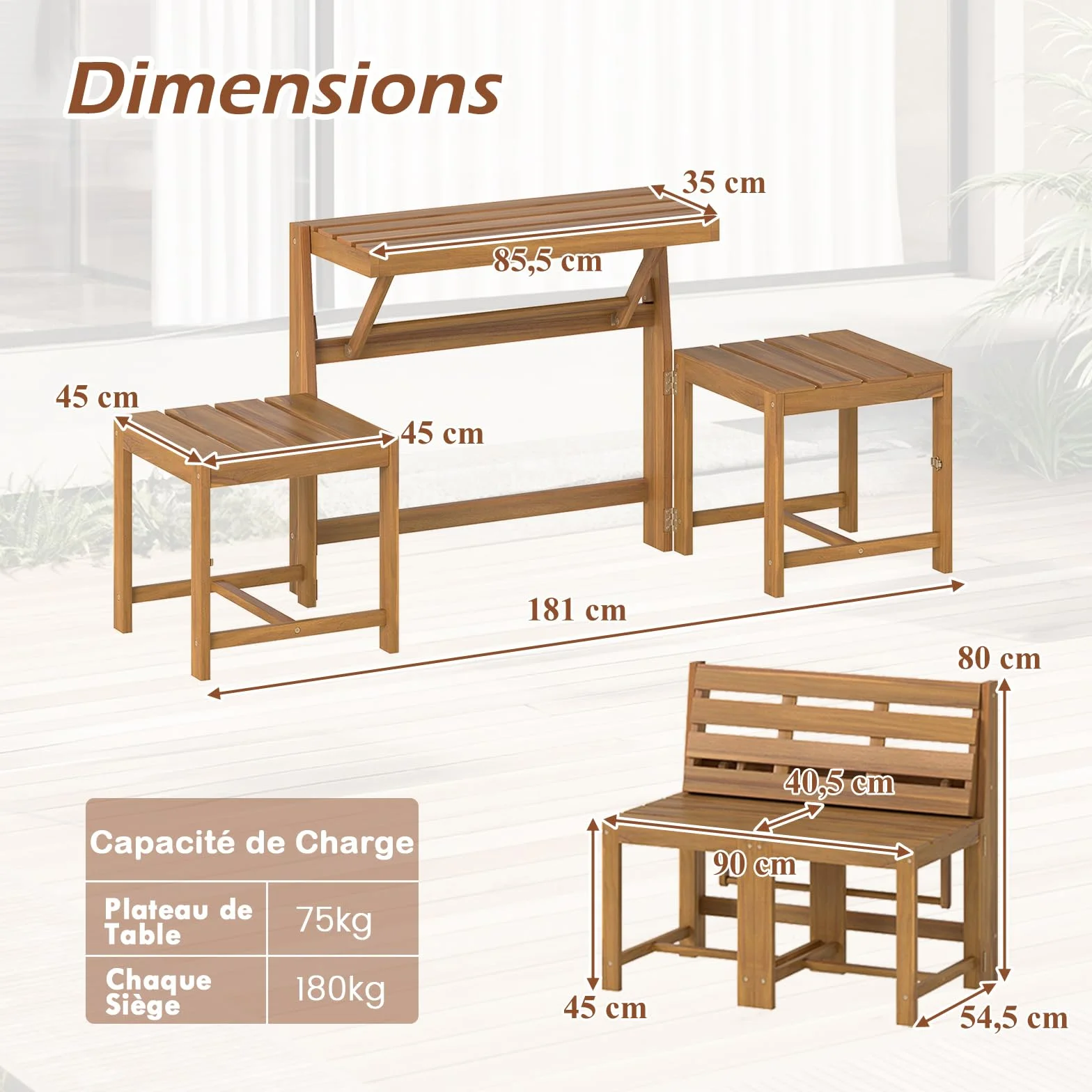 GOPLUS Salon de Jardin Extérieur 3 en 1 Banc Convertible Acacia Pliant 2 Personnes FSC Naturel