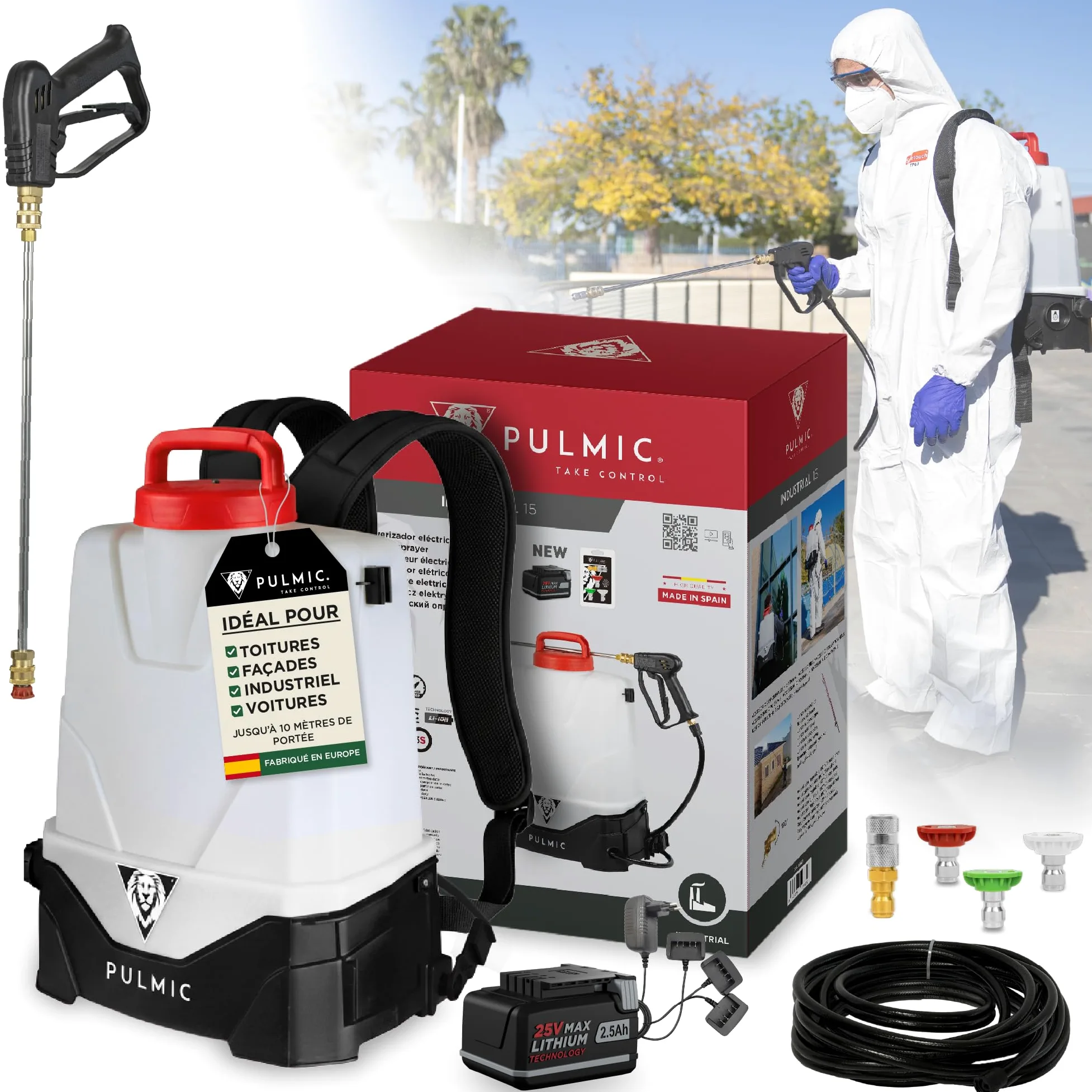 PULMIC Pegasus 15 Pulvérisateur Électrique 15 L, 7 Bars, Batterie Lithium 25Vmax Amovible, Lance INOX, Kit Buses, avec Tuyau Tressé 10 m Extension Flexible pour Nettoyage, Désinfection et Agriculture