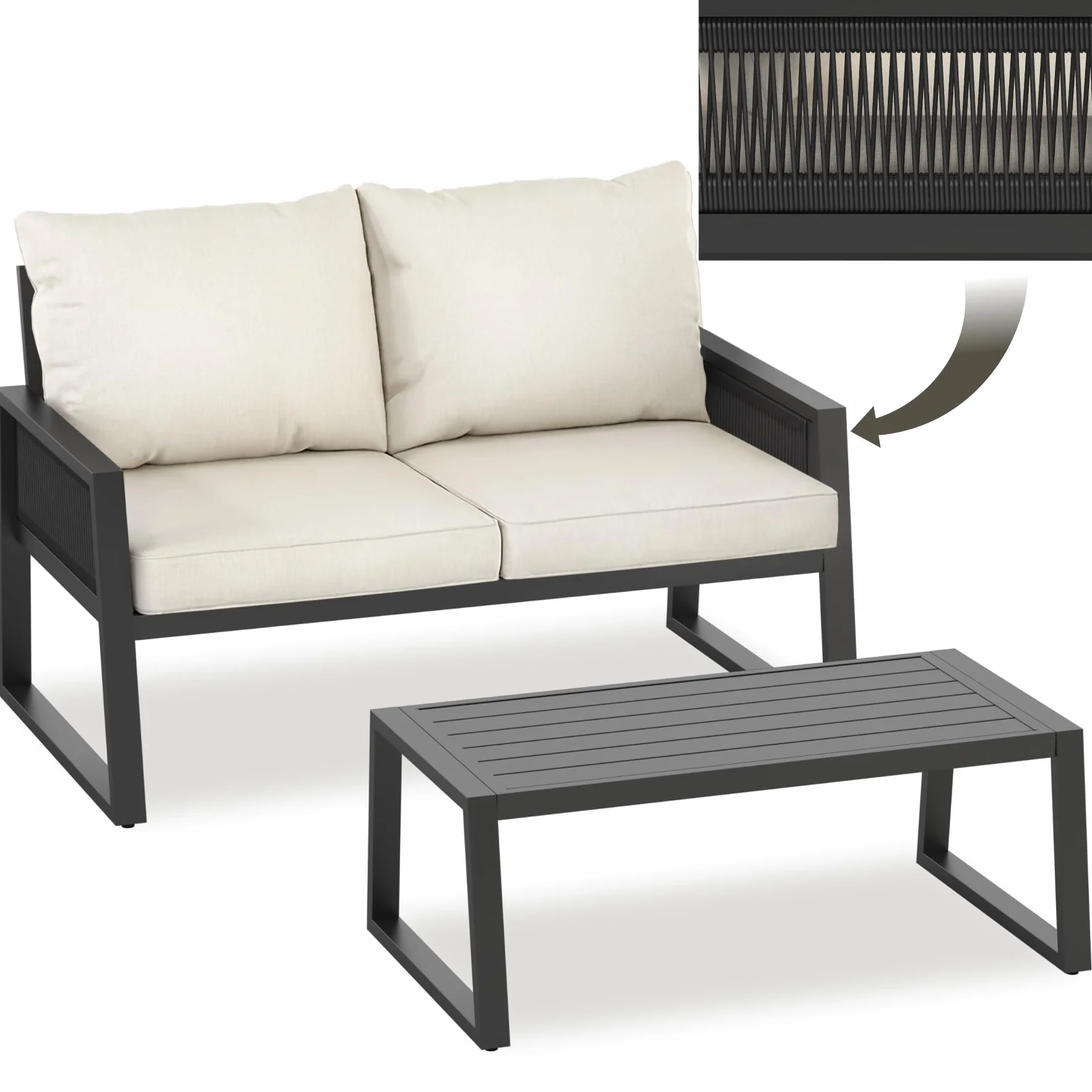 Tectake Salon de Jardin Canapé 2 Places Banquette Table Basse Coussins Inclus Cadre Aluminium laqué époxy Mobilier Exterieur