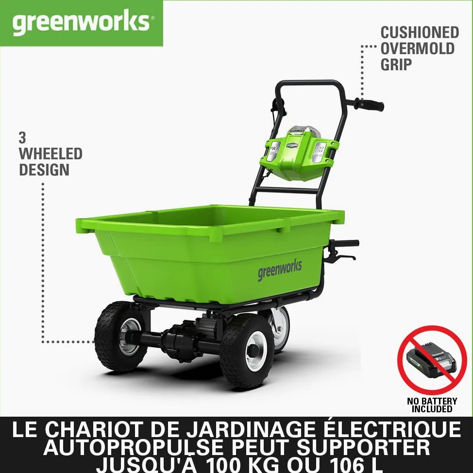 Greenworks G40GC Chariot de Jardín Électrique Sans Fil Autotracté, Brouette Électrique, Capacité de 100 KG, 106 L, Fonction de Basculement Facile, SANS Batterie Ni Chargeur 40 V, Garantie 3 Ans