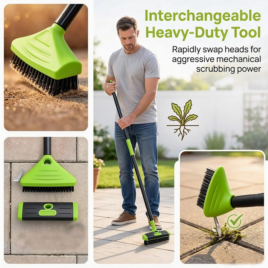 Brosse Désherbante de Terrasse 3-en-1 avec Manche Télescopique 80-140 cm, Brosse de Pavage en Fil d'acier, Grattoir à Joints et Balai pour Pavés, Allées, Terrasses (Orange)