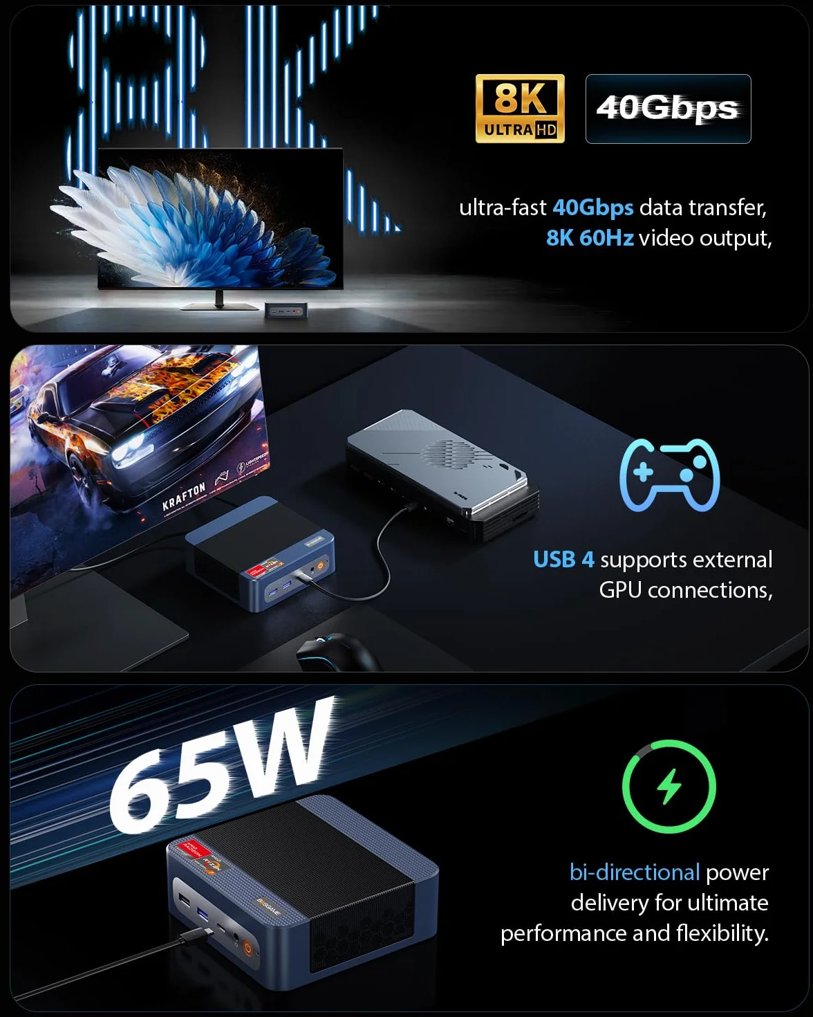 BOSGAME P3 Mix Mini PC AMD Ryzen 5 7640HS 32Go DDR5 SSD 1To Triple écran WiFi 6E Double LAN 2.5G