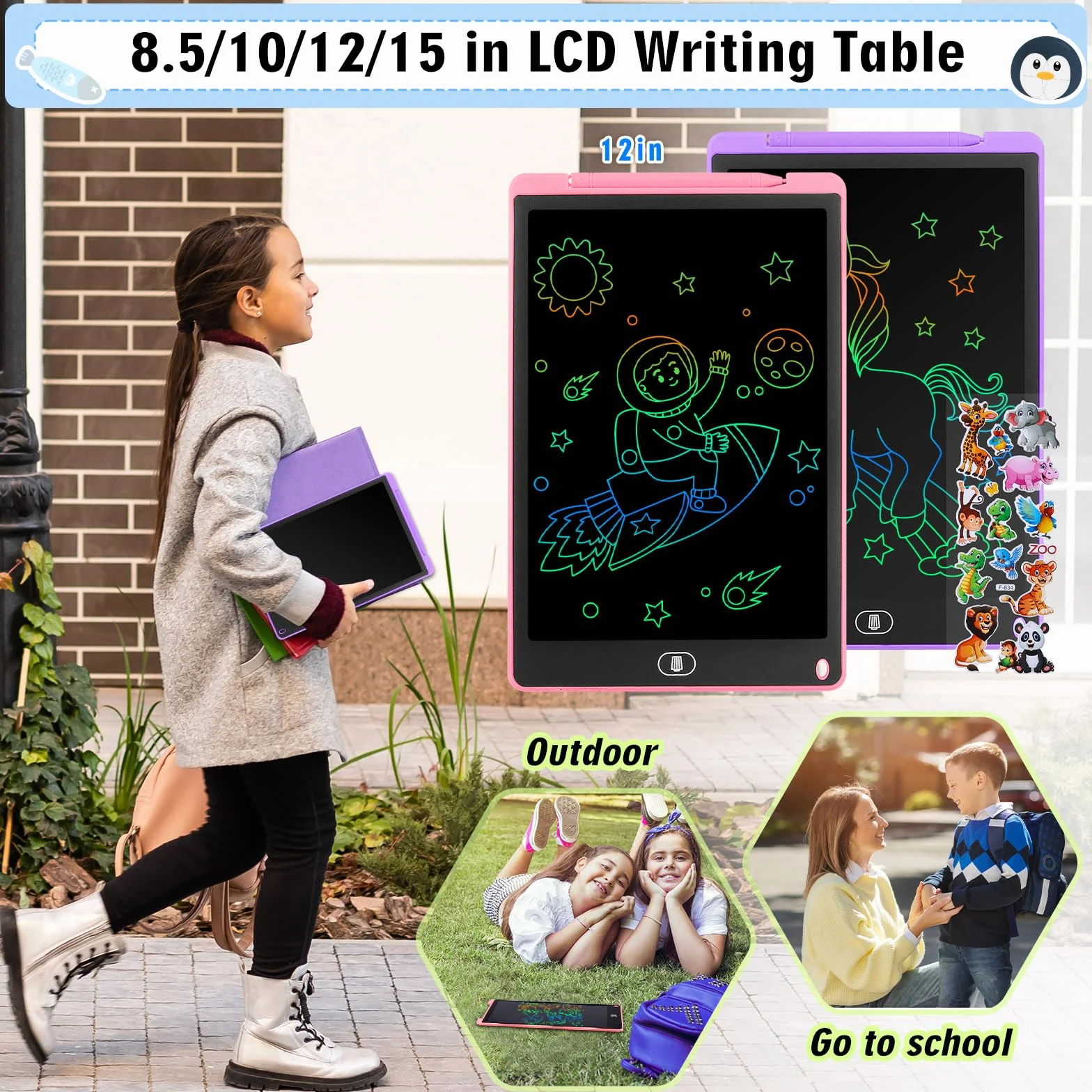 Tablette D'écriture LCD 13 Pouces Écran Coloré Effaçable avec Autocollants Animaux Rose Violet 2 Pack
