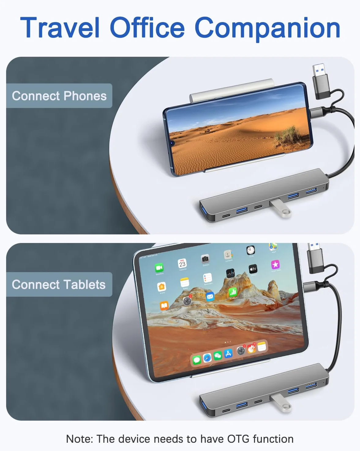 Hub USB 7-en-1 Double-Tête, Connecteur USB-A & USB-C, 1× USB 3.0, 4× USB 2.0, 2× USB-C, Adaptateur Haute Vitesse