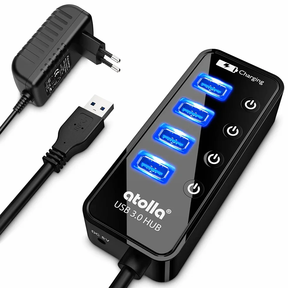 Atolla Hub USB 3.0 4 Ports avec commutateurs Marche/arrêt et Adaptateur d'alimentation