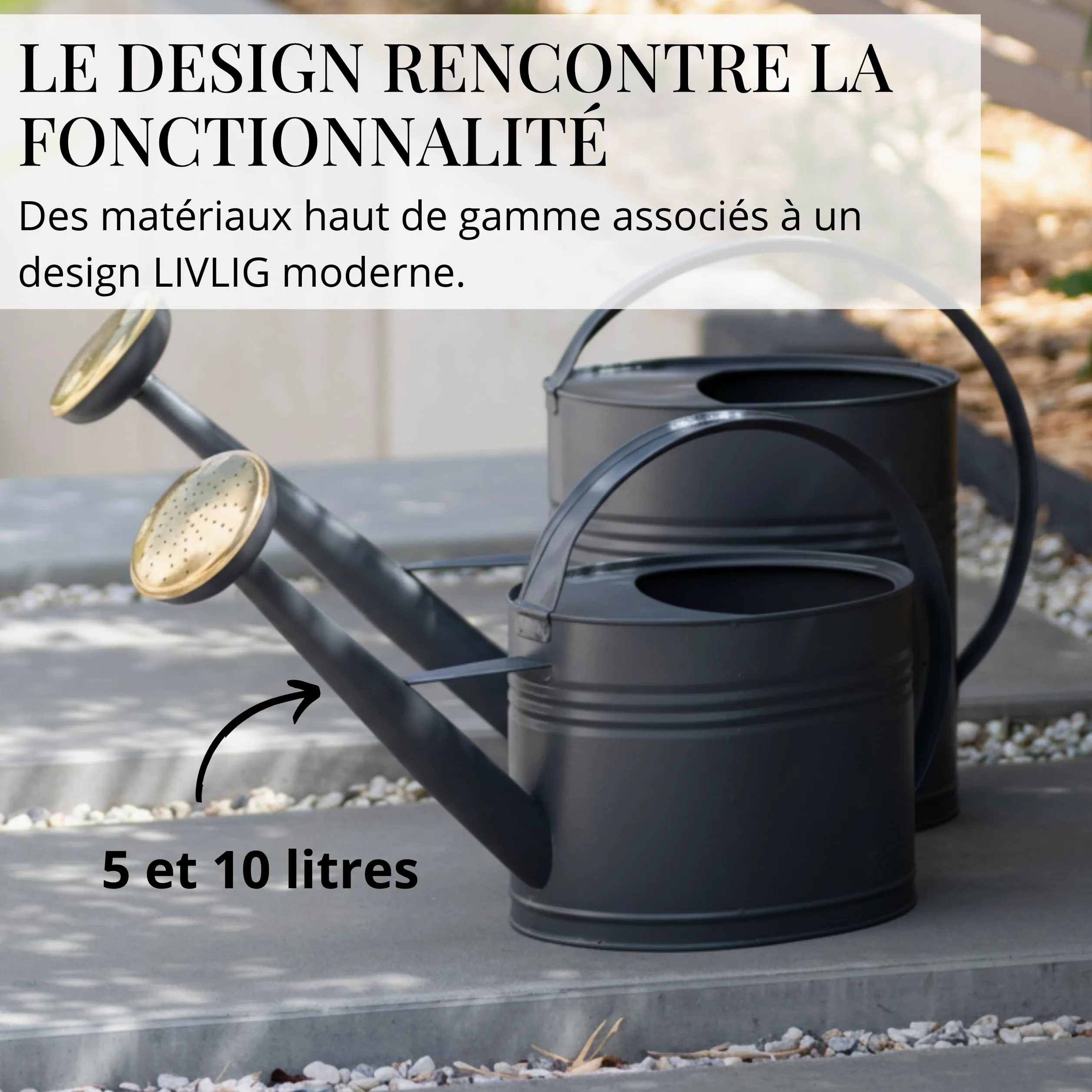 Livlig Arrosoir 5 Litres, Arrosoir pour Fleurs pour Jardin & Balcon, Arrosoir en Métal de Haute Qualité 5L en Métal Zingué et Douchette Détachable, Arrosoir Rétro avec Douchette en Laiton, Anthracite