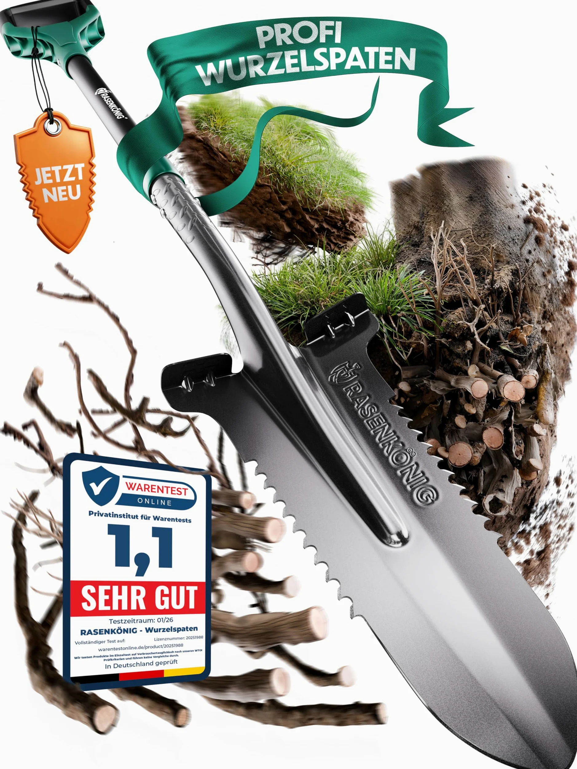 Bêche Pro avec scie à racines [vainqueur du test] Bêche pour le jardinage | avec 20 dents de scie, poignée ergonomique et large bord de marche | Bêche de jardin stable pour creuser plus