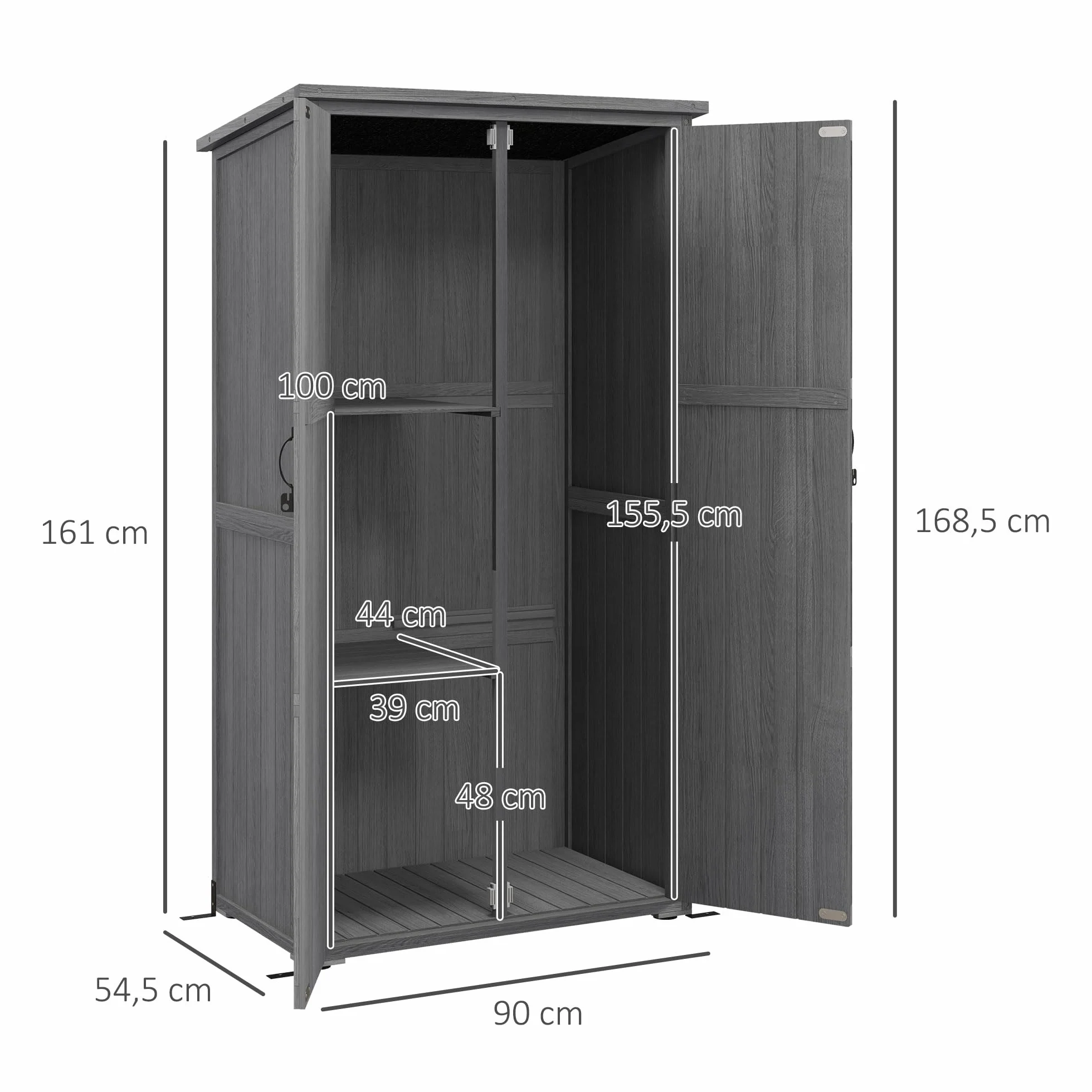 Outsunny Armoire de Jardin 90x54,5x161/168,5 cm Gris Bois Massif Toit incliné bitumé 2 étagères