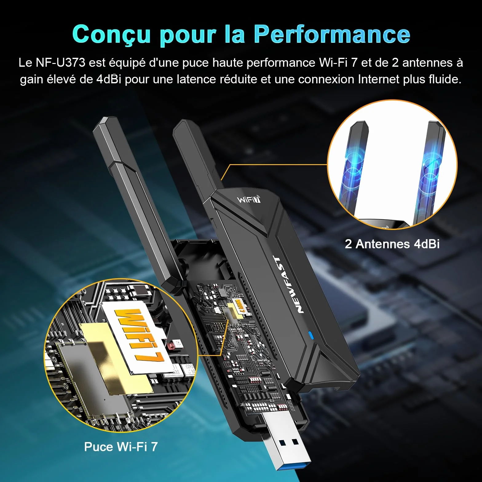 NEWFAST Clé WiFi 7 BE6500 U373 Tri-Bande USB 3.0 WPA3 Adaptateur WiFi pour PC