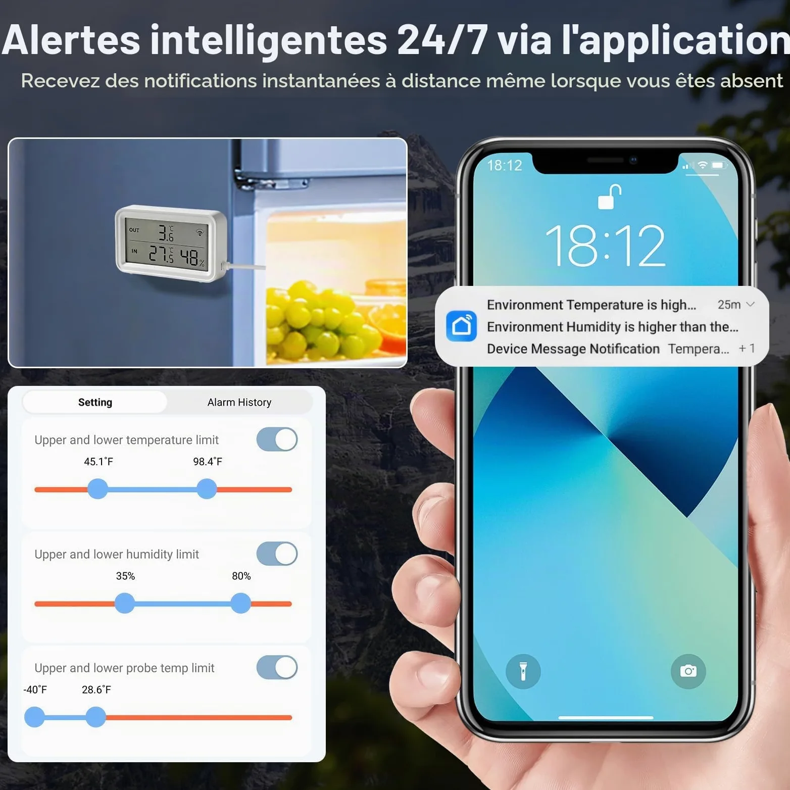 Thermomètre Hygromètre WiFi avec Sonde, Capteur Intelligent avec Alerte App | Capteur de Température et Humidité, Écran LCD, Stockage de Données, Idéal pour Frigo Réfrigérateur Aquarium Serre, Lot de 2