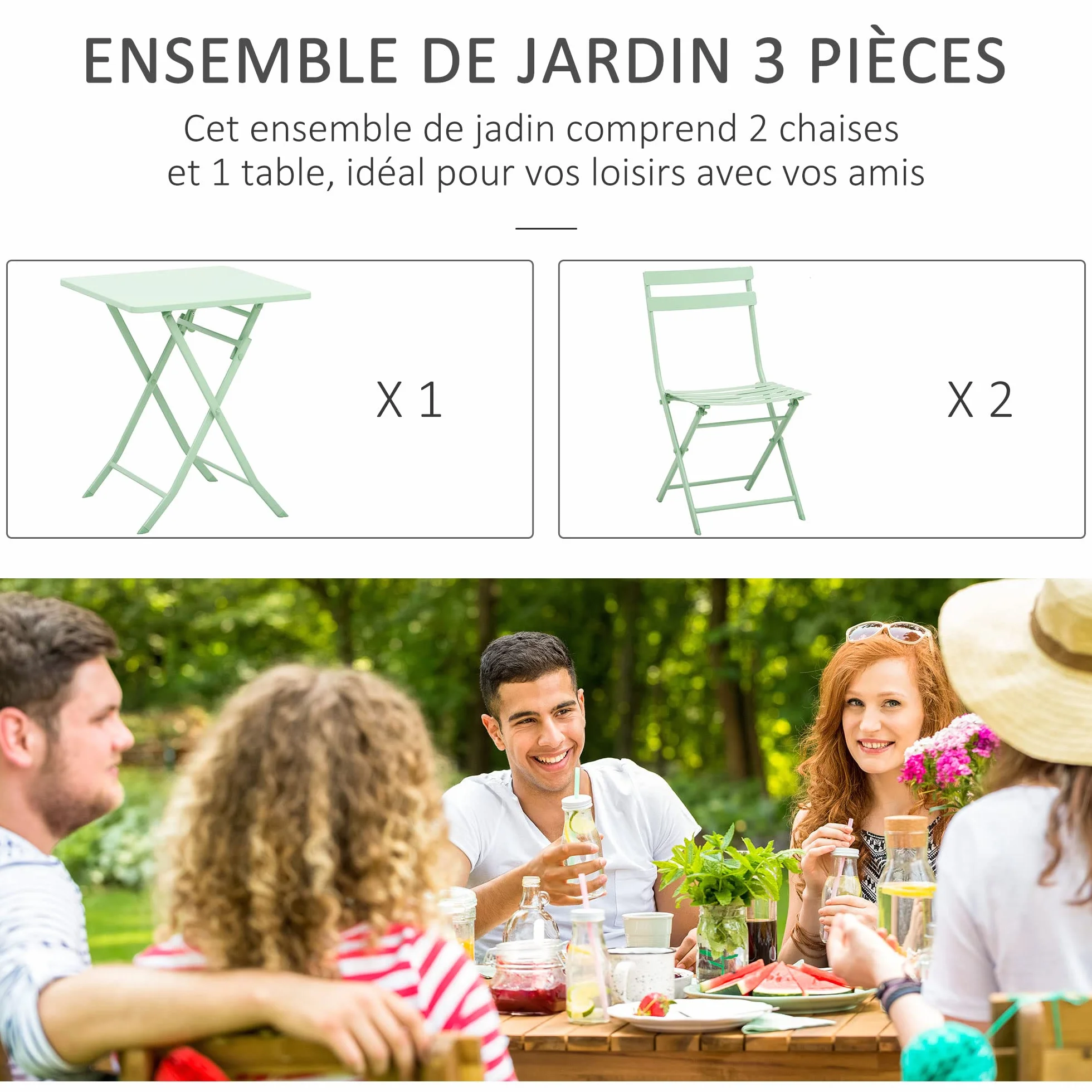 Outsunny Salon de Jardin Bistro Pliable Table Carrée 60x60x71 cm Métal Thermolaqué Vert d'Eau avec 2 Chaises