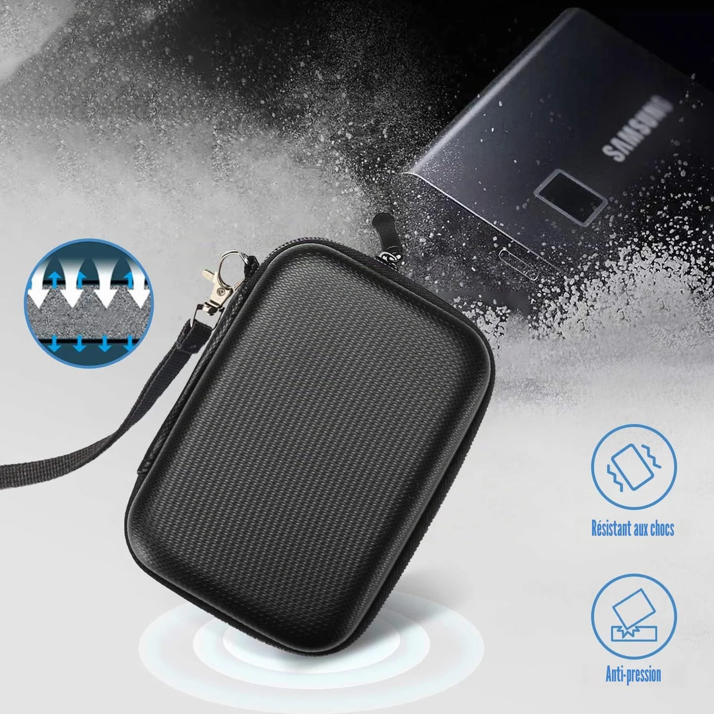 ProCase Étui SSD Samsung T7 T7 Touch Silicone Housse Voyage Portable Externe Coque Rigide Poche Filet Noir