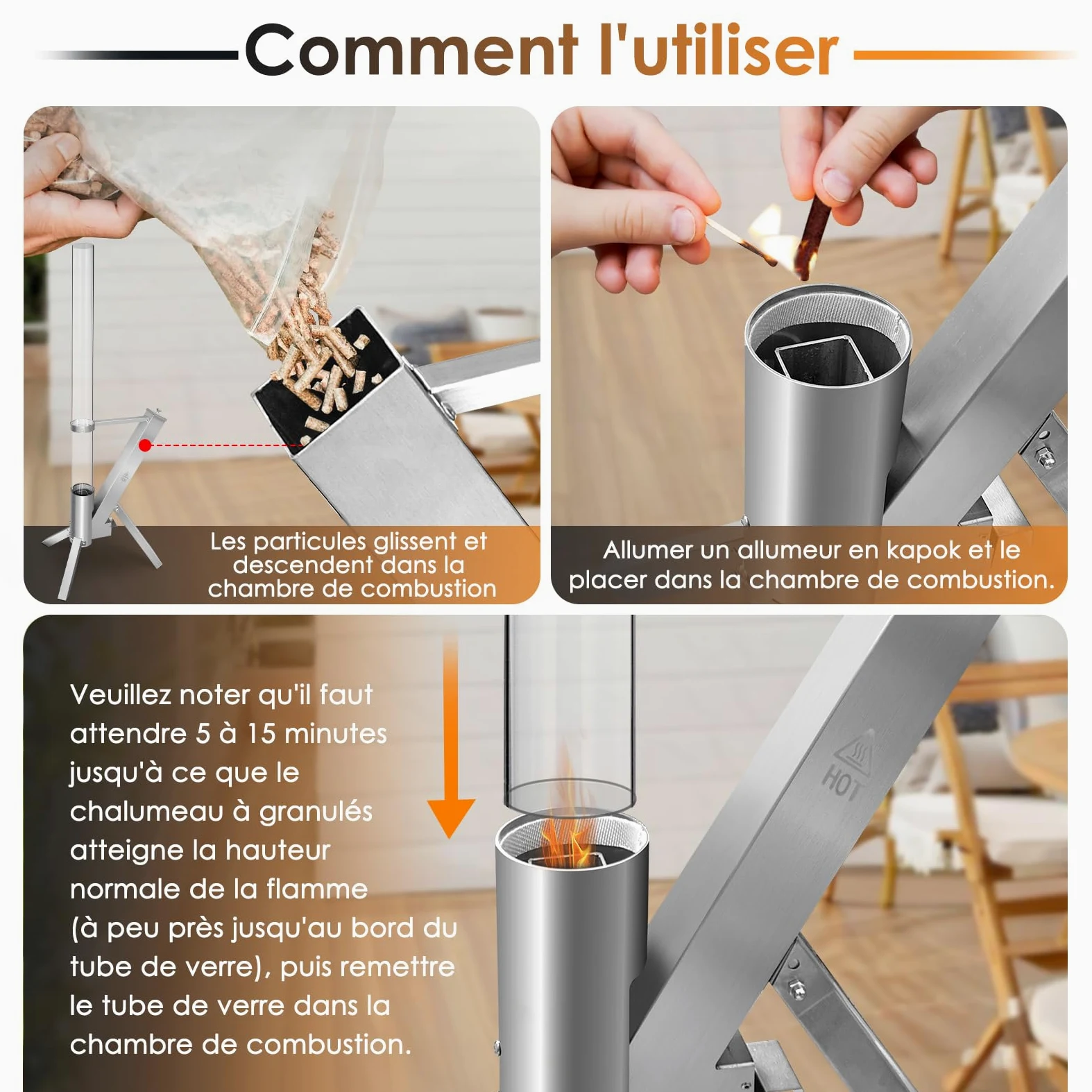 CTSC Kit Pellet Torch avec Tube en Verrea, Cheminée de Jardin, Fonctionne aux granulés, Flamme jusqu'à 1m, ajoute de la lumière et de l'ambiance pour Porche, terrasse, Jardin et arrière-Cour