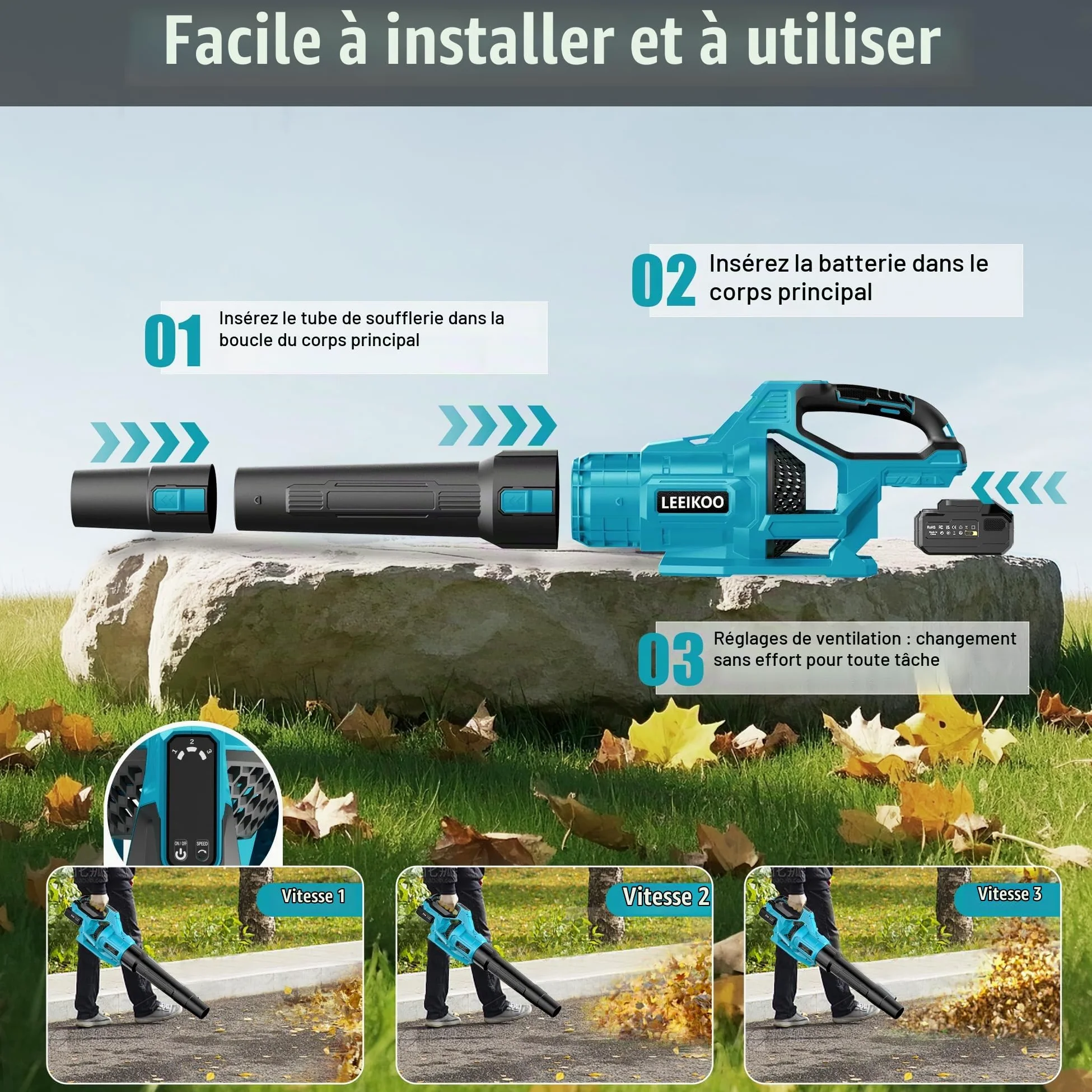 Souffleur Batterie, 21V Souffleur de Feuilles avec 2 Batteries 4,0Ah, 3 Vitesses, 2 Tubes de Soufflage, Sangle Souffleur à Batterie pour Nettoyage de Jardin