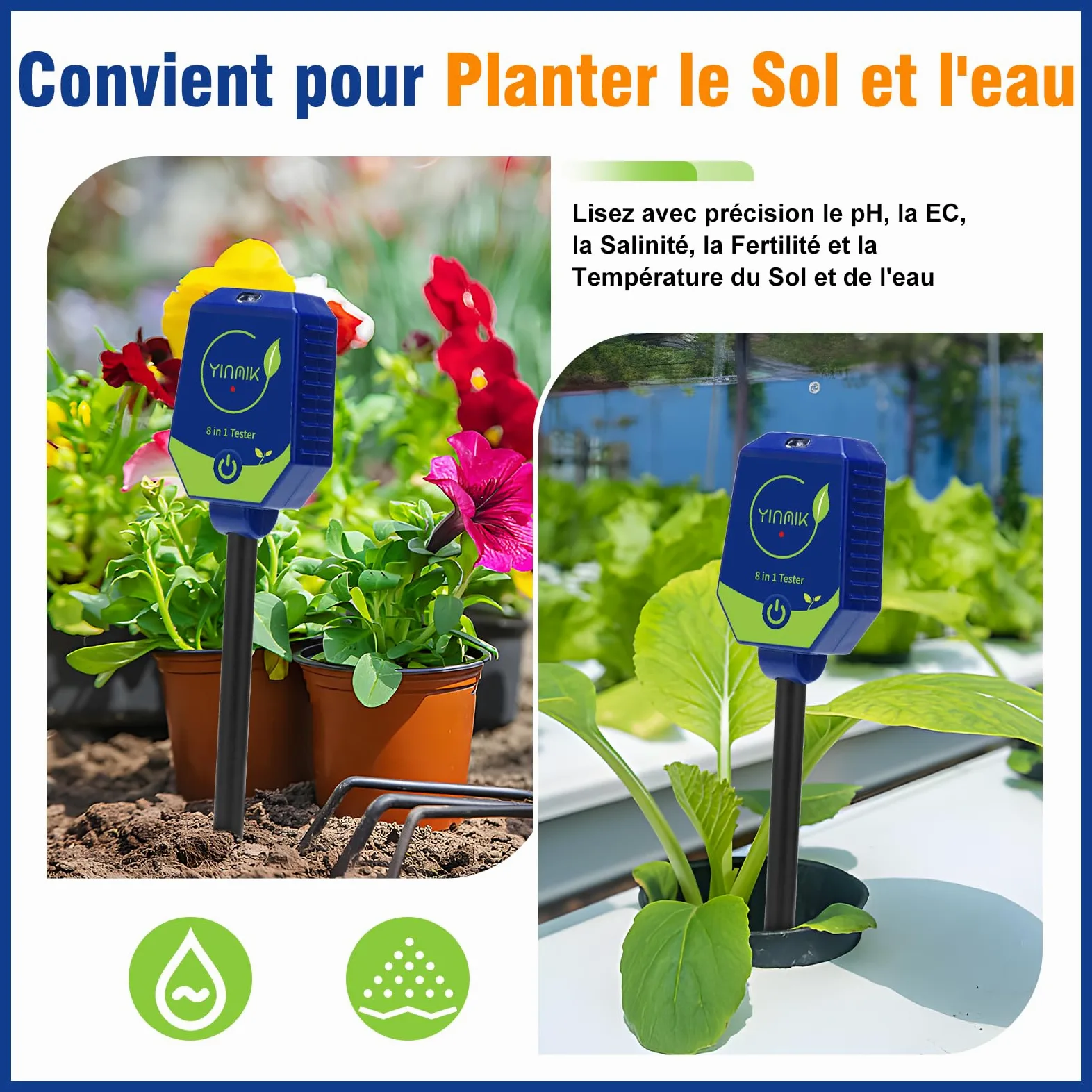 YINMIK Testeur de pH du Sol de Jardin, Humidimètre du Sol | Kit de Test Intelligent 8 en 1 pour leSol, Convient pour : Jardins, Pelouses, Serres, Agriculture et Cours Arrière