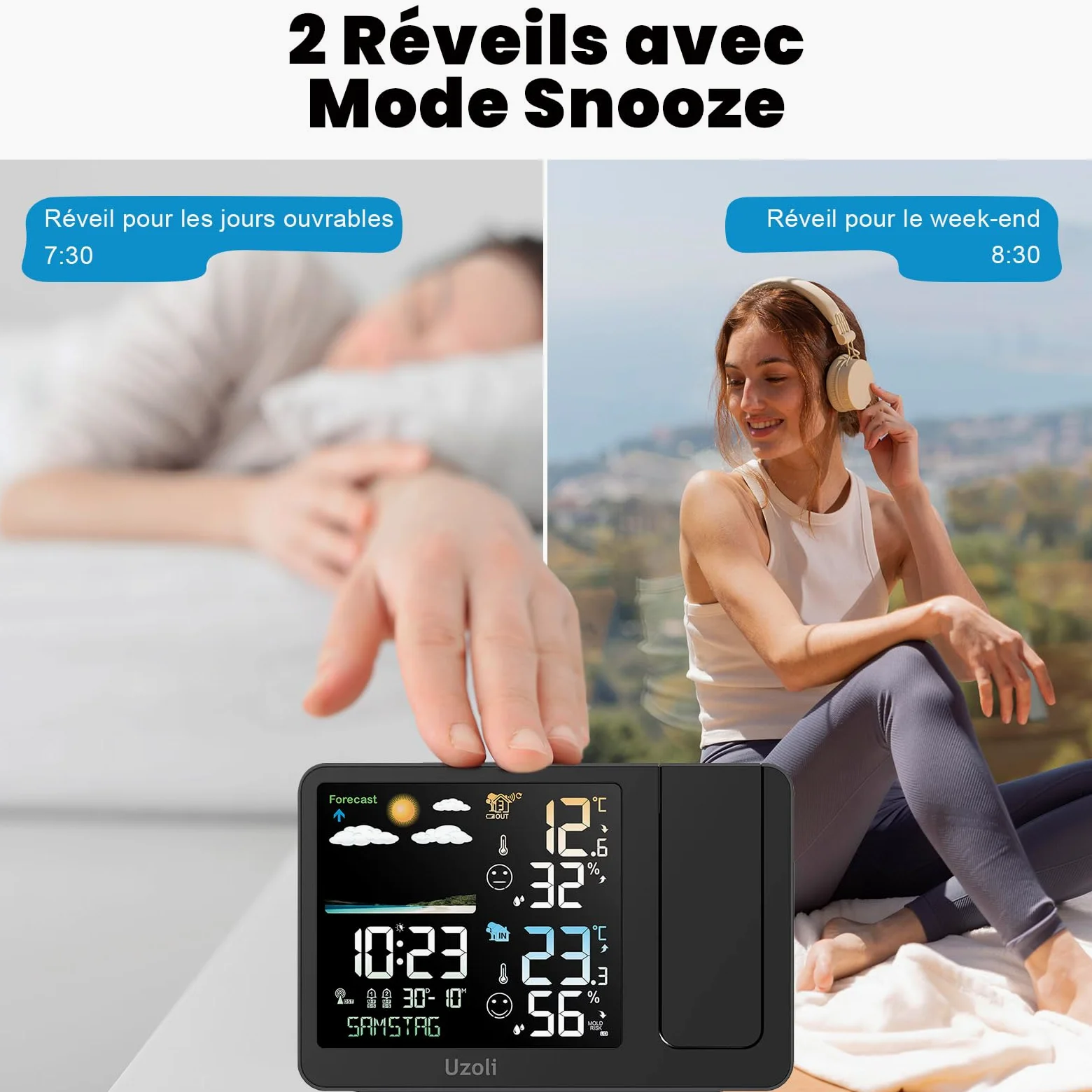 Uzoli Réveil projecteur Plafond avec capteur extérieur, Station météo | Projection heure & température, Heure radiopilotée, Humidité, Prévisions météo, Luminosité automatique, Indicateur de confort