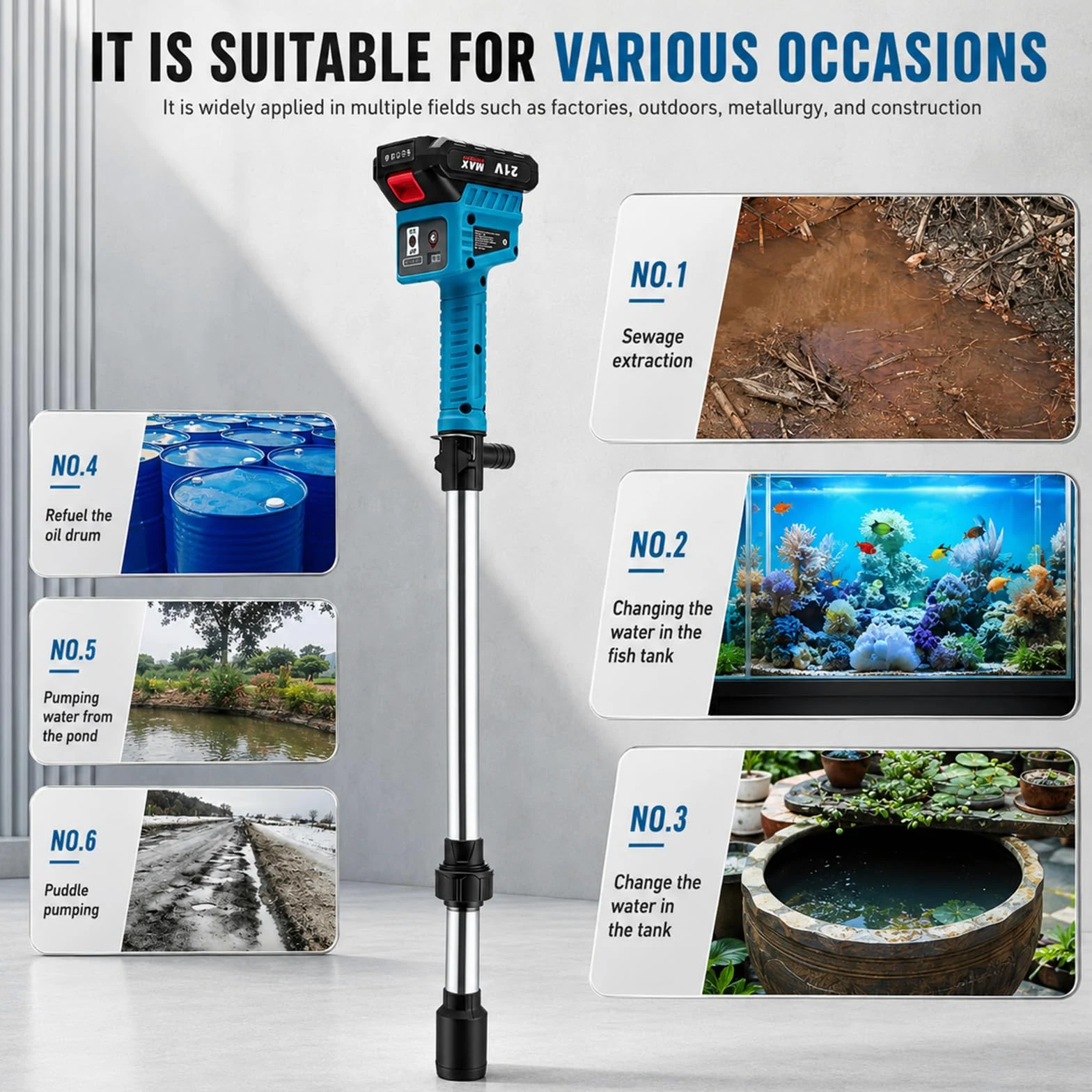 Pompe à Eau sur Batterie 21V avec 8m Tuyau, Pompe à Eau Électrique sans Fil 3 Débits, Hauteur de Refoulement 8 m, 2x1500mAh Batteries Li Ion, pour Jardin Piscine Récupérateur d Eau