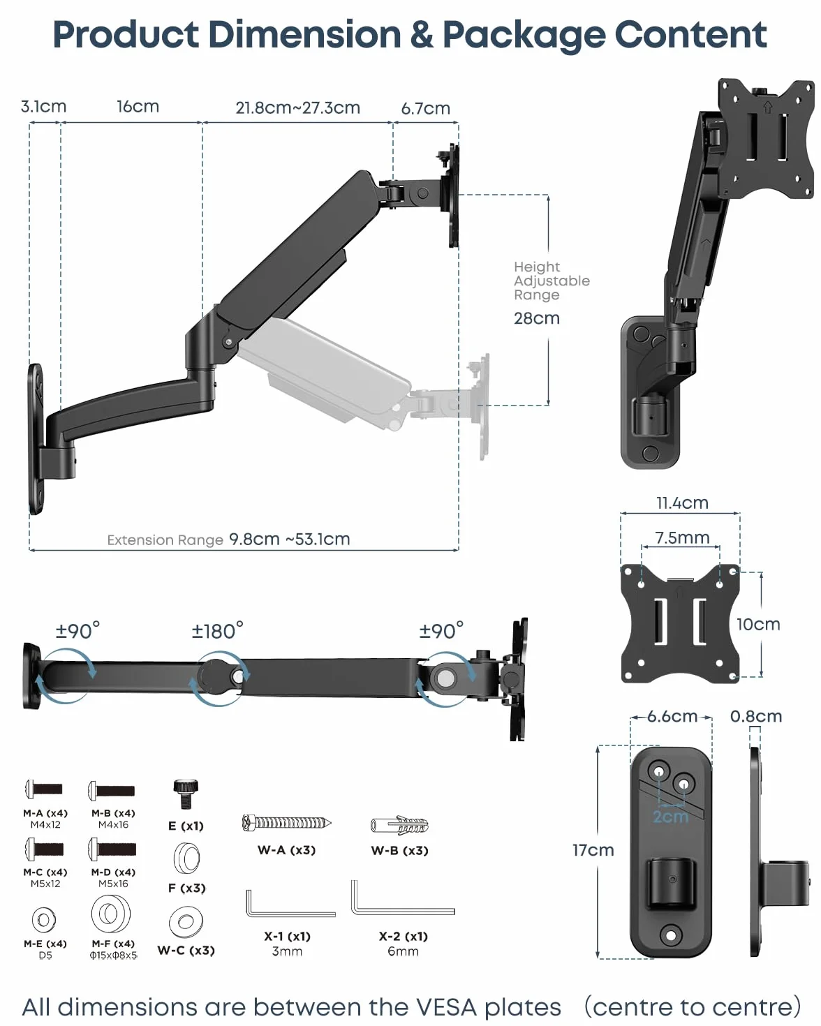 WORLDLIFT Support Mural Moniteur PC 17-32" Bras Ergonomique Réglable 9 kg VESA 75x100 mm
