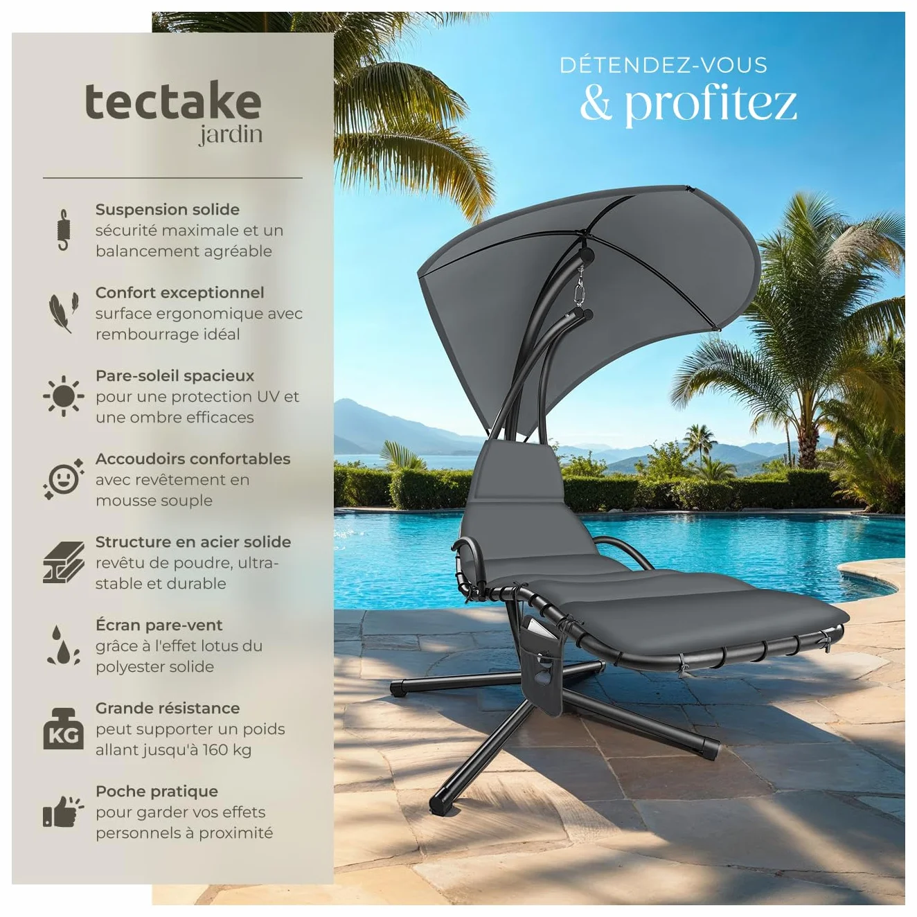 Bain de Soleil Suspendu avec Support, Parasol, Matelas, Protection UV et Poche Latérale