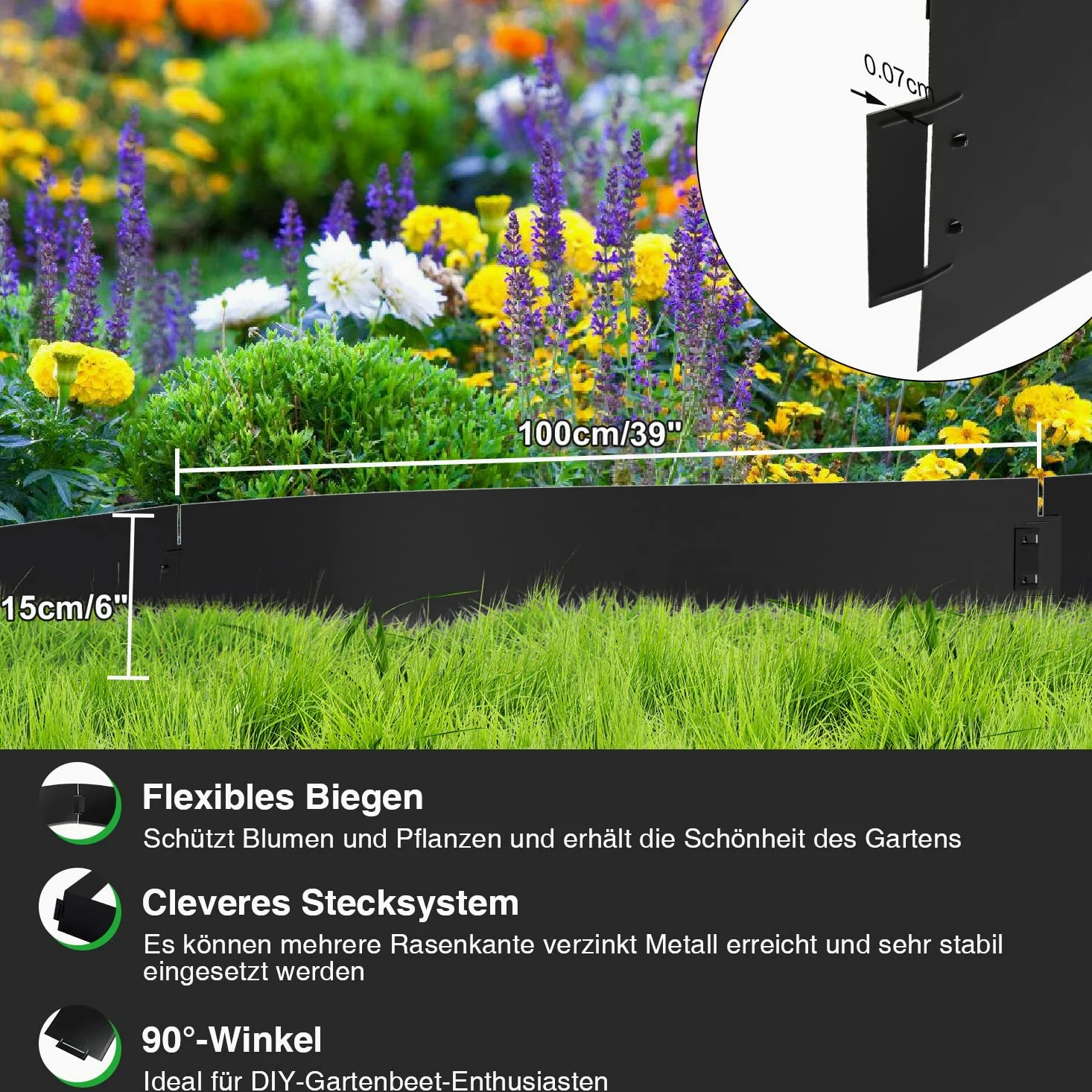Bordure de pelouse en métal 10m - 10 pièces Bordure de Tonte, galvanisée Clôture de Jardin Bordure de Parterre Longueur par Bande 10m - Hauteur 18cm, Noir