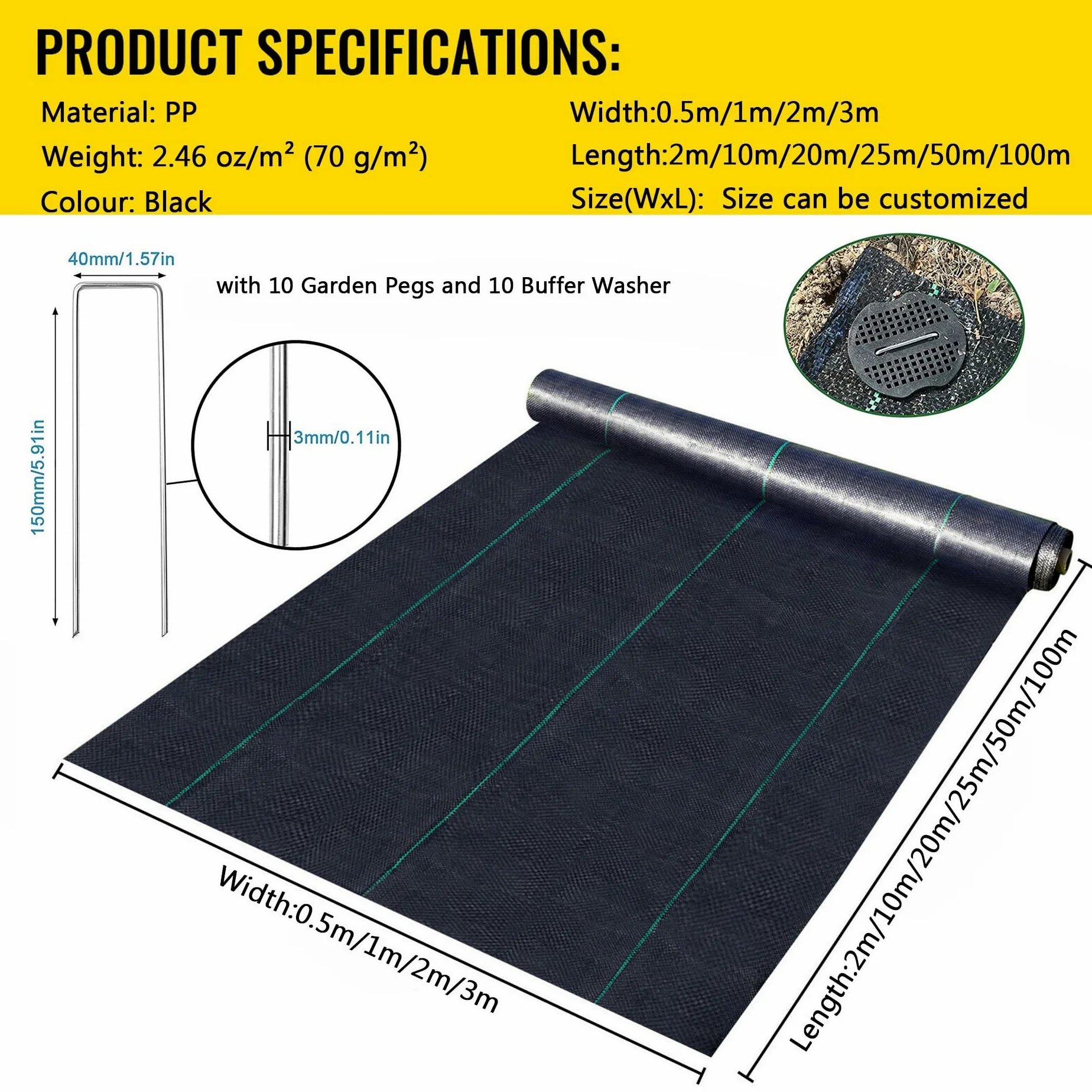 Toile de Paillage,Bâche Geotextile,Toiles Anti-Mauvaises Herbes en Polypropylène 70g/m²,Anti-UV en Tissu Non tissé,Résistant et Perméable,pour Jardin et Serre,Noir (Size : 1.5X10m)