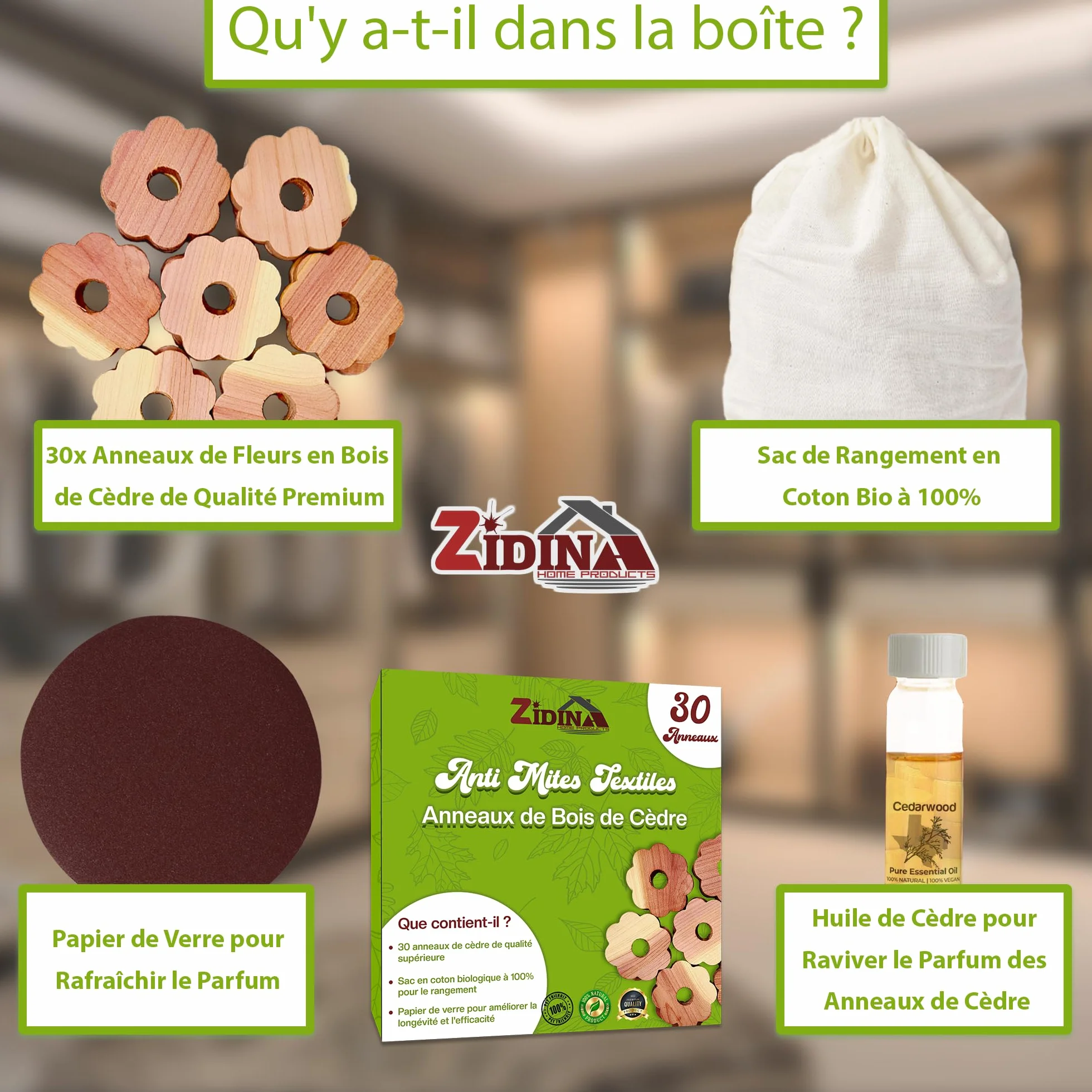 Anti Mites Textiles Pack 30 Anneaux Vêtements Huile de Bois de Cèdre 4,5 ML Naturel Contre Mites Armoires