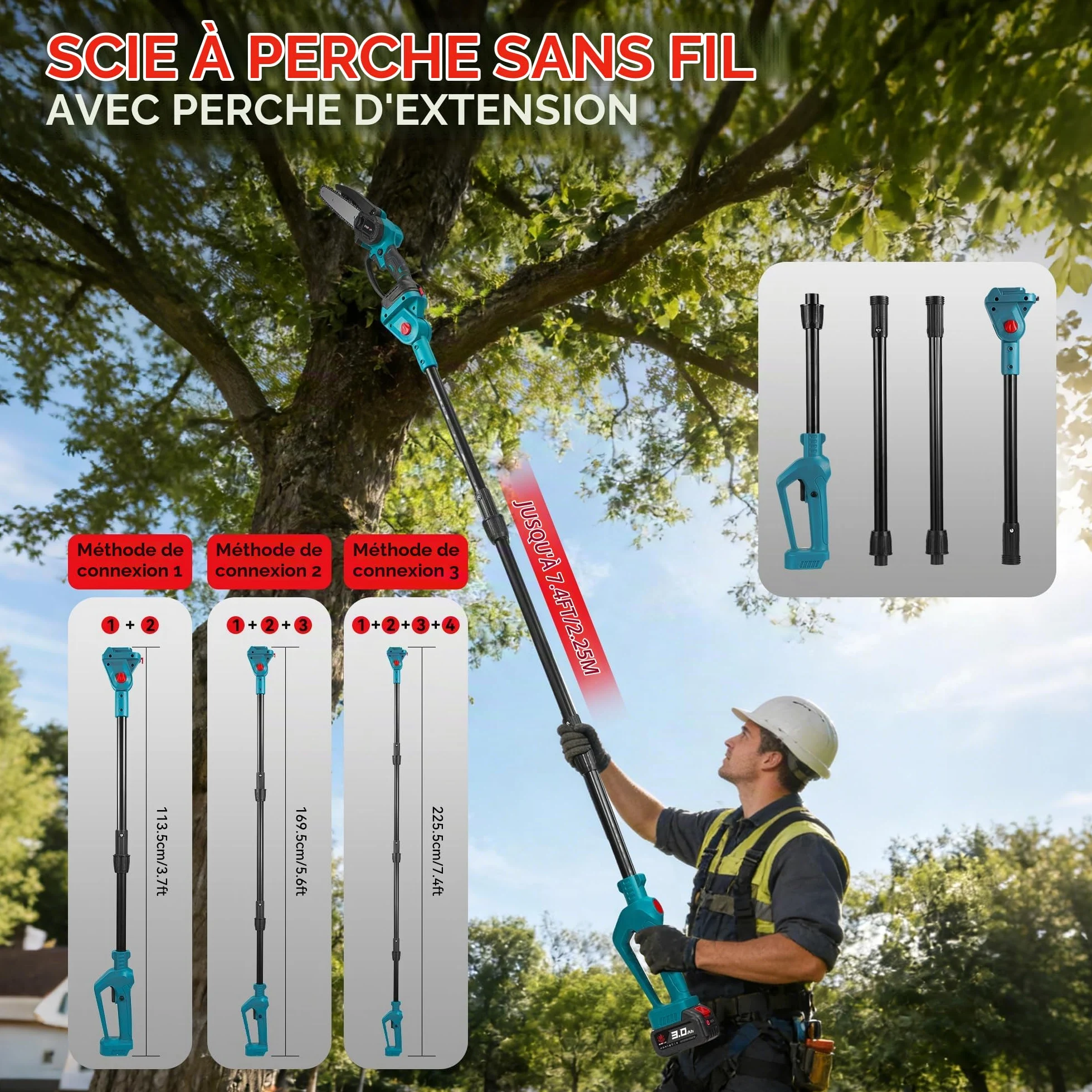 ONEVAN Taille-haie Télescopique & Tronconneuse Sans Fil, Orientable 180° | 2 batteries 3,0Ah, perche télescopique 2,25m, tronçonneuse de 6" et taille-haie 30cm, brushless, pour l'élagage en hauteur