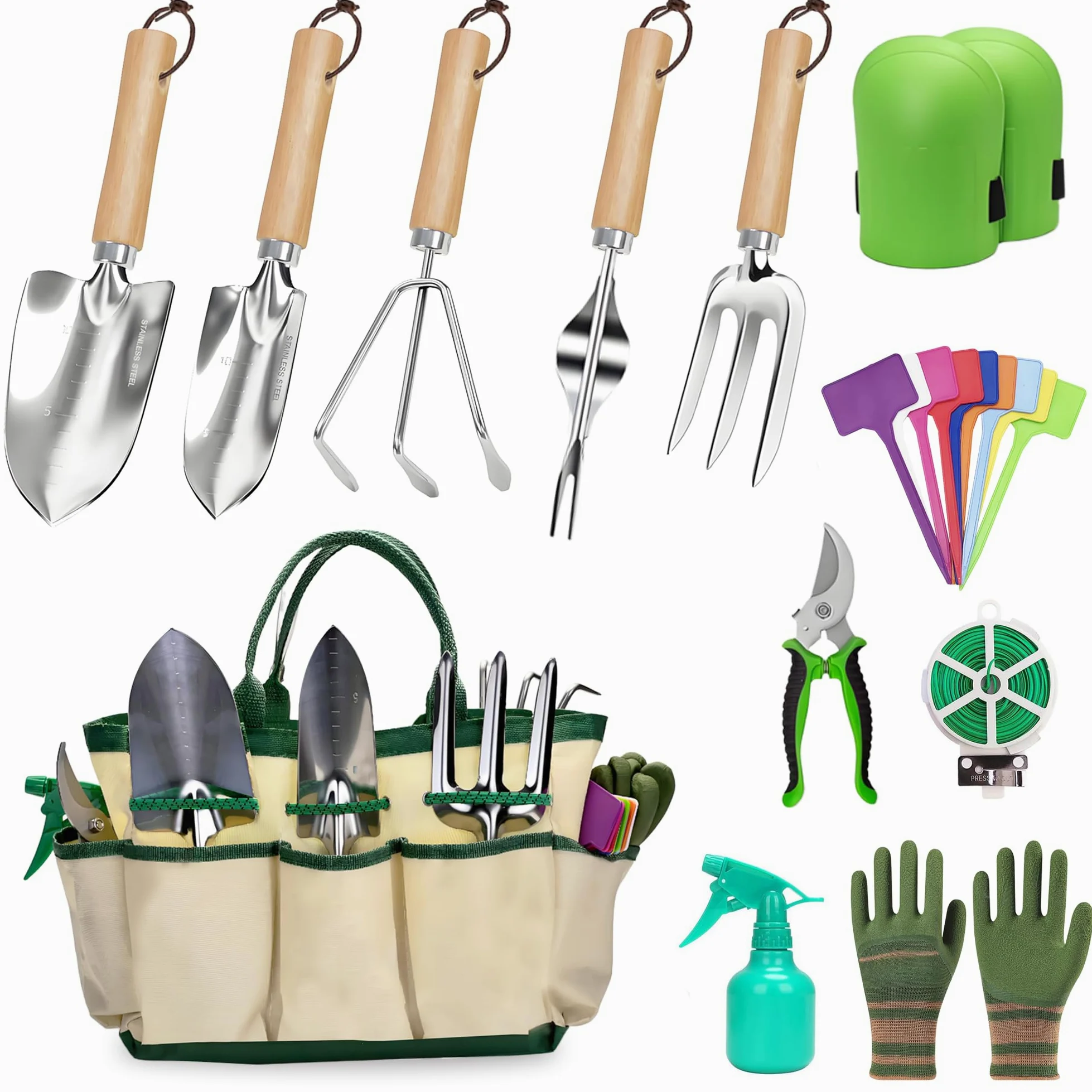 Ensemble d'outils de jardin, 12 pièces, kit cadeau d'outils de jardinage en acier inoxydable robuste avec sac de rangement pour homme et femme pour Noël, anniversaires, vacances