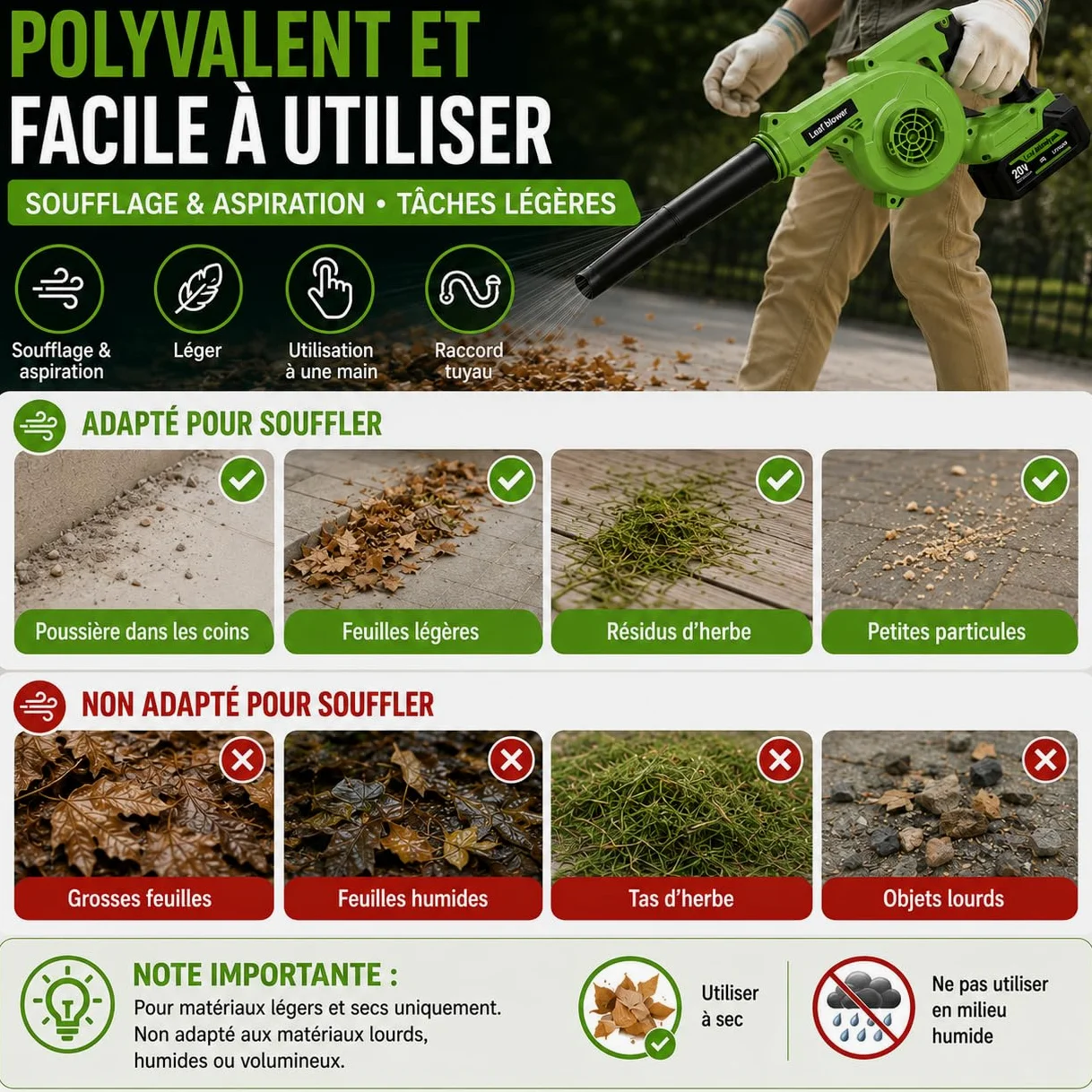 Souffleur de Feuilles sans Fil 20V 2-en-1, Aspirateur Souffleur Batterie 150 MPH, 2 Batteries 2Ah, Vitesse Variable, pour Jardin Terrasse Garage Voiture