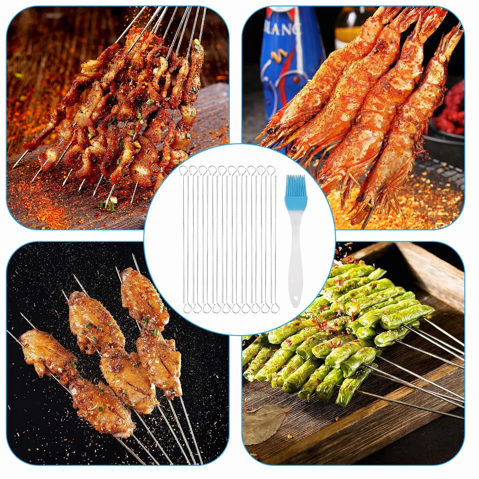 Pic a Brochette en Métal 30 cm avec Pinceau à Huile Silicone Bleu - Kit de Grillade pour Pique-nique et Camping