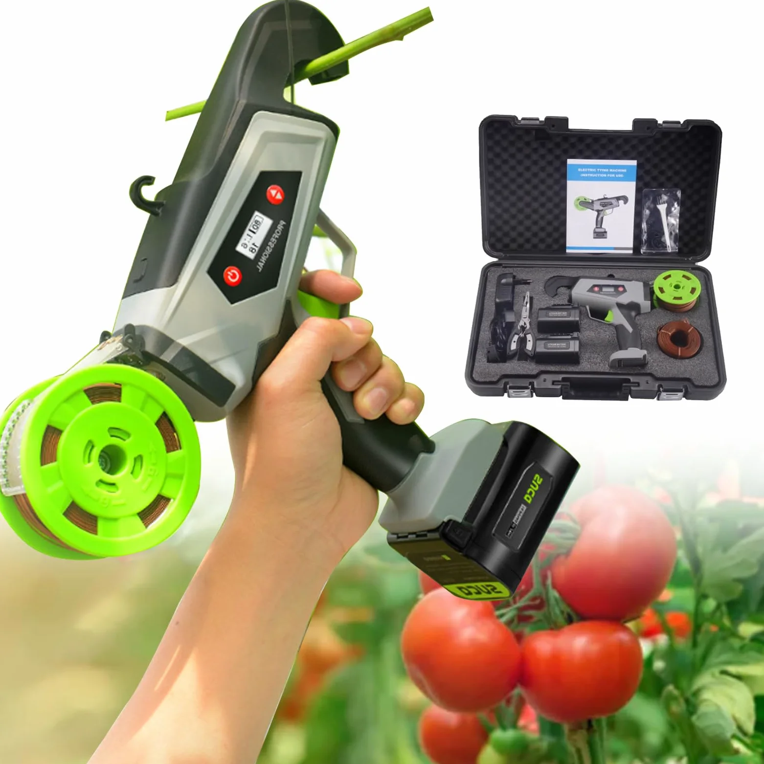 Attache-Plantes pour vignes, Attache-tomates et Raisins, sans Effort, avec écran numérique et Rouleaux de Ruban Vert, pour Arbres, Fleurs, légumes et vignes