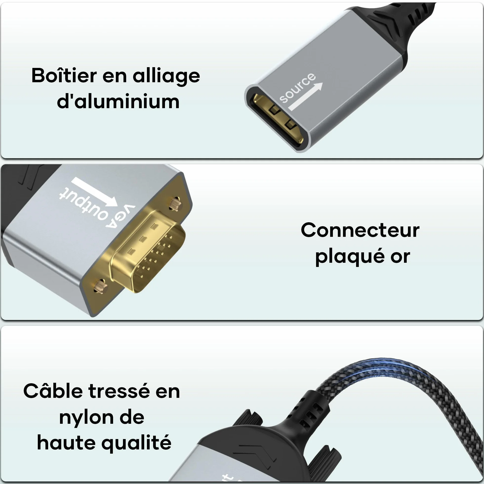 Adaptateur HDMI vers VGA unidirectionnel câble tressé nylon 1080p pour moniteur TV PC ordinateurs portables