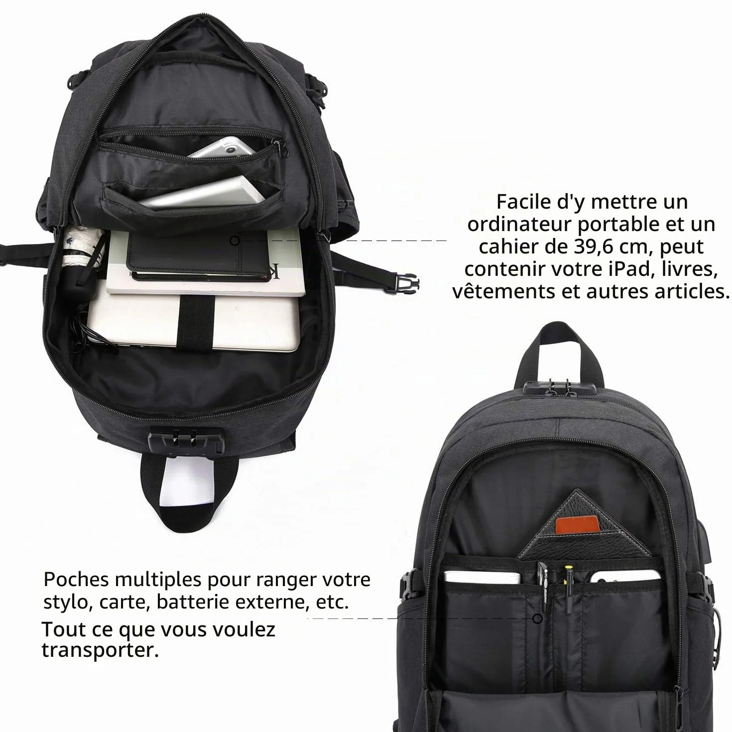 Antivol Sac à Dos Ordinateur Portable 15.6 Pouces Homme Imperméable USB Charging Port Sac à Dos D'affaires Noir